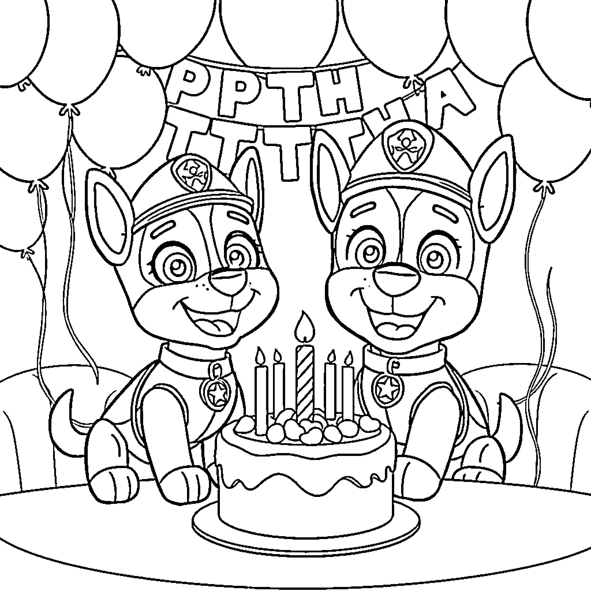 Bluey and Bingo Celebrate Their Birthday Coloring Page (free black-and-white line drawing printable PDF for all, from beginners to advanced learners, including children, teens, adults, and seniors)