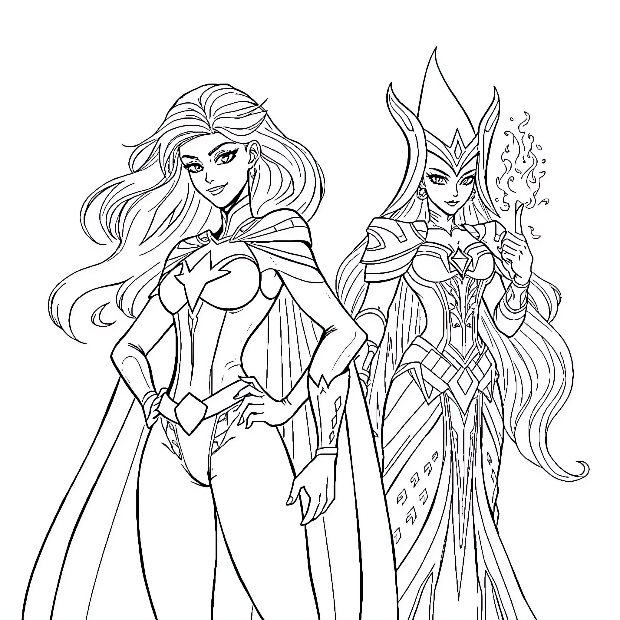 Luna's Magical Encounter with a Powerful Sorceress Coloring Page (free black-and-white line drawing printable PDF for all, from beginners to advanced learners, including children, teens, adults, and seniors)