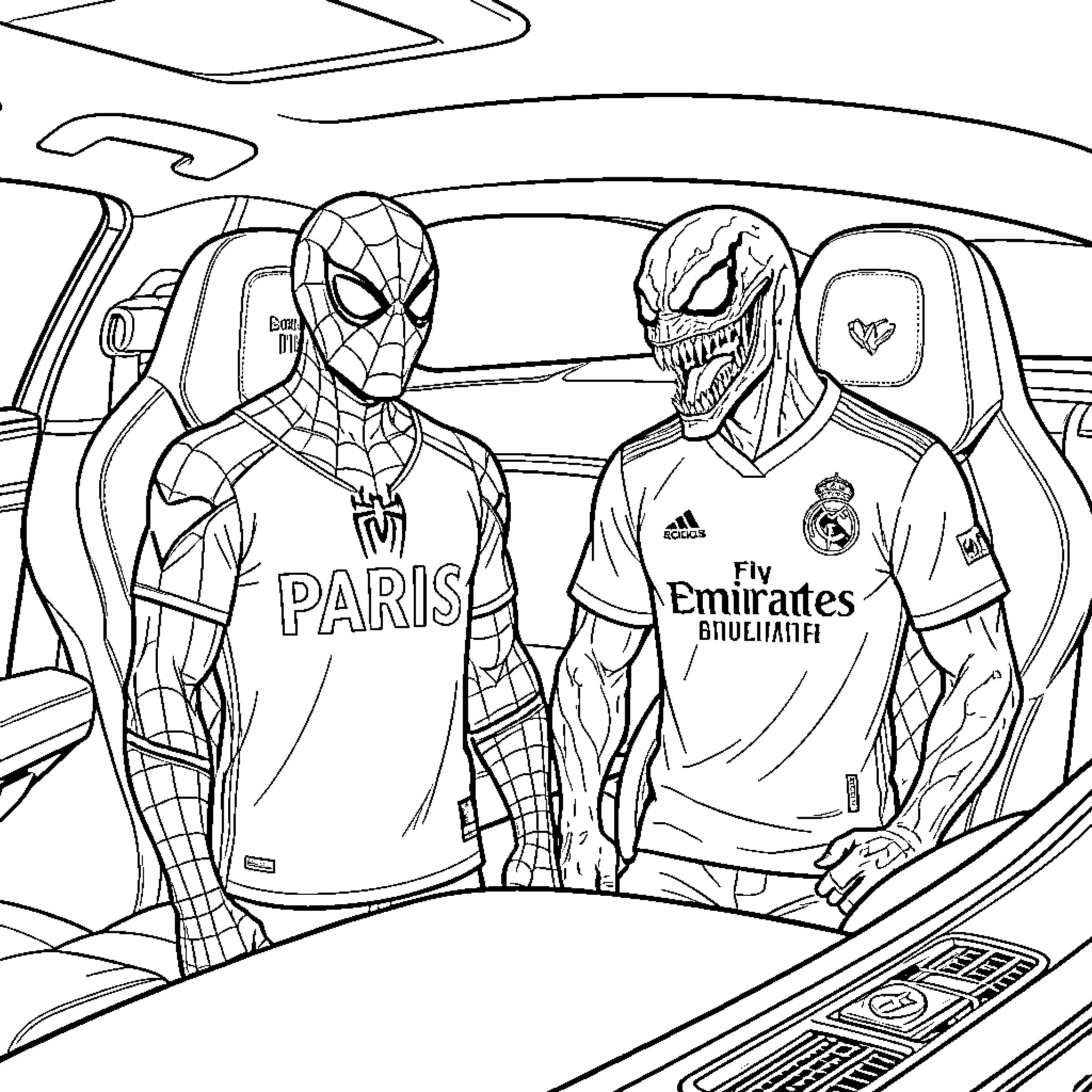 Spiderman and Venom wearing soccer jerseys inside a car Coloring Page (free black-and-white line drawing printable PDF for all, from beginners to advanced learners, including children, teens, adults, and seniors)