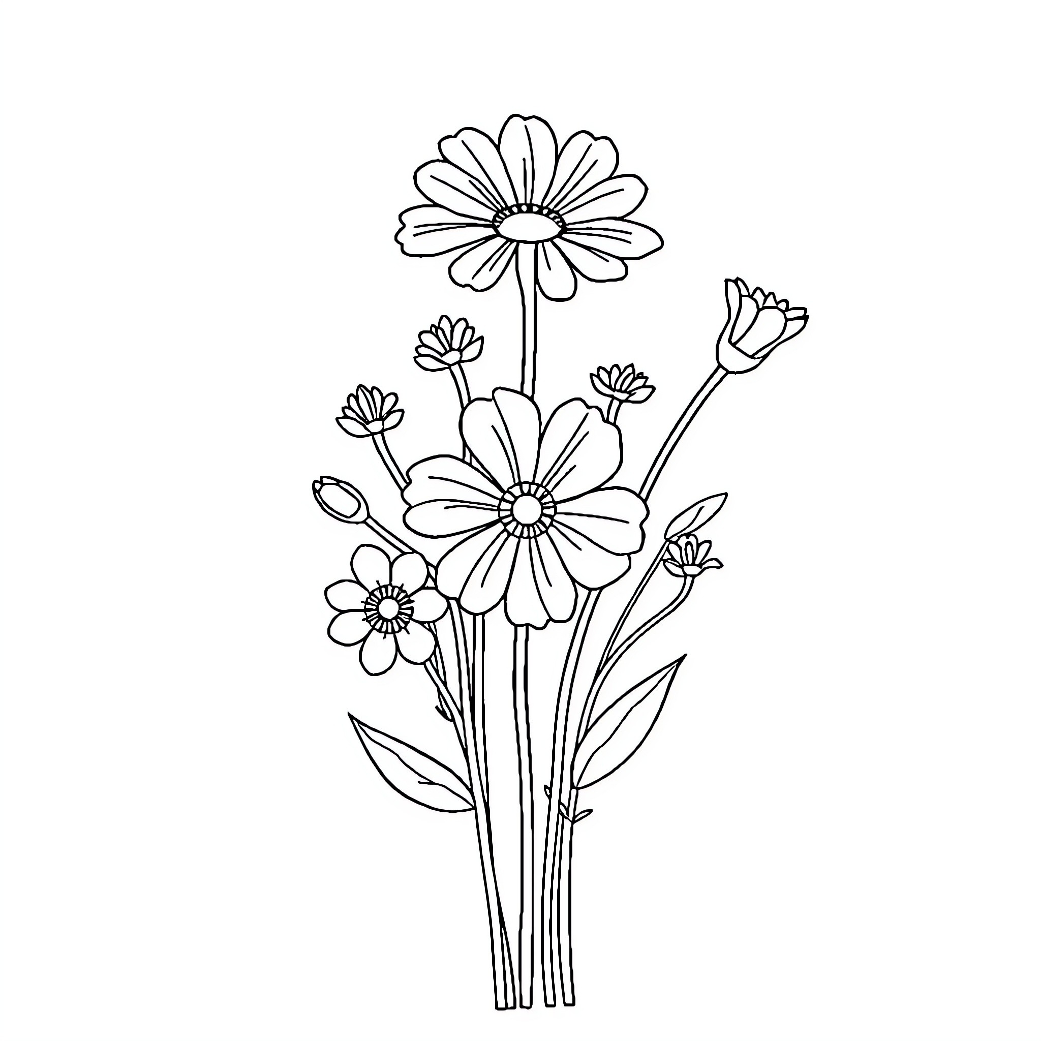 Flower bouquet with blooming daisies Coloring Page (free black-and-white line drawing printable PDF for all, from beginners to advanced learners, including children, teens, adults, and seniors)
