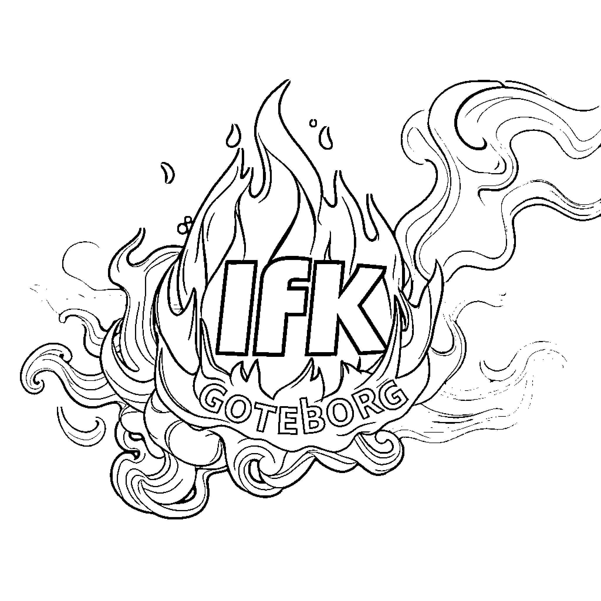 Ifk Göteborg Flames and Flowing Design Coloring Page (free black-and-white line drawing printable PDF for all, from beginners to advanced learners, including children, teens, adults, and seniors)