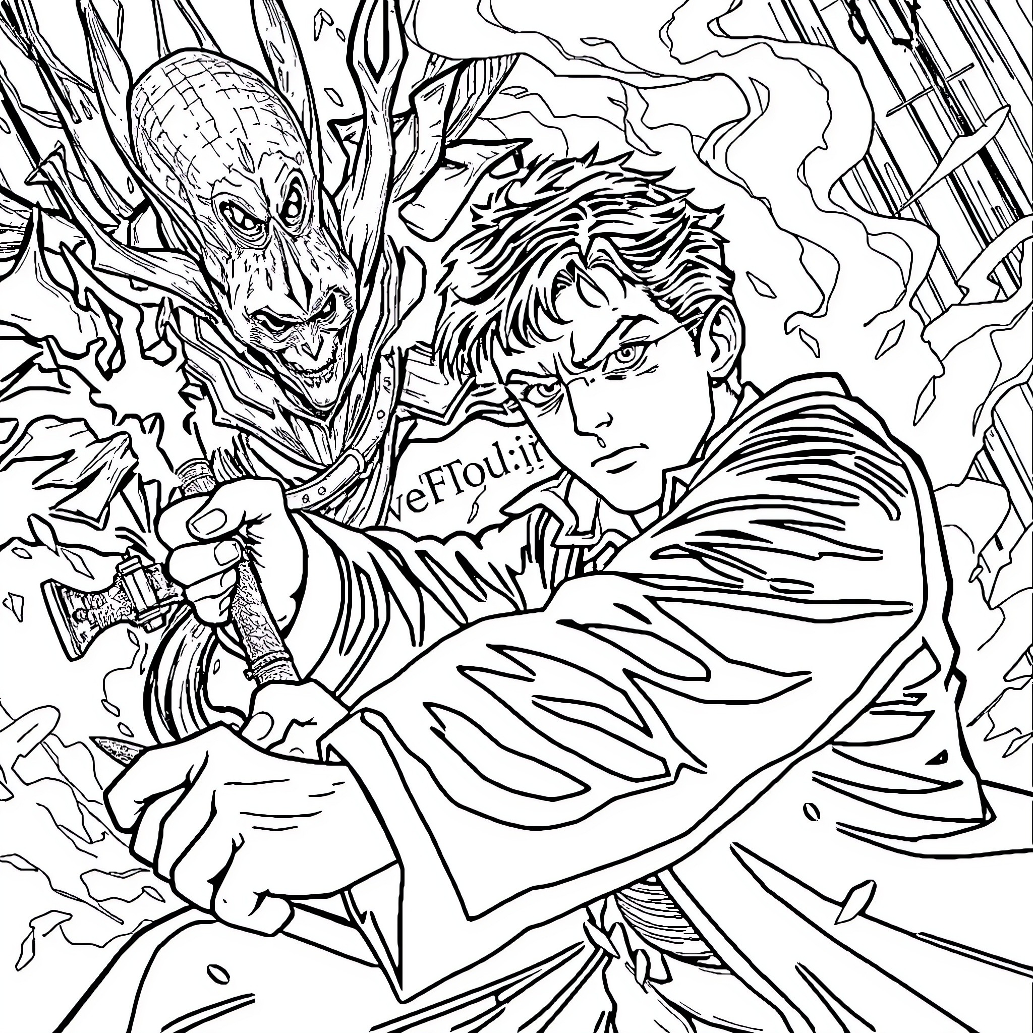 Pagemaster Battles Fierce Otherworldly Foe Coloring Page (free black-and-white line drawing printable PDF for all, from beginners to advanced learners, including children, teens, adults, and seniors)