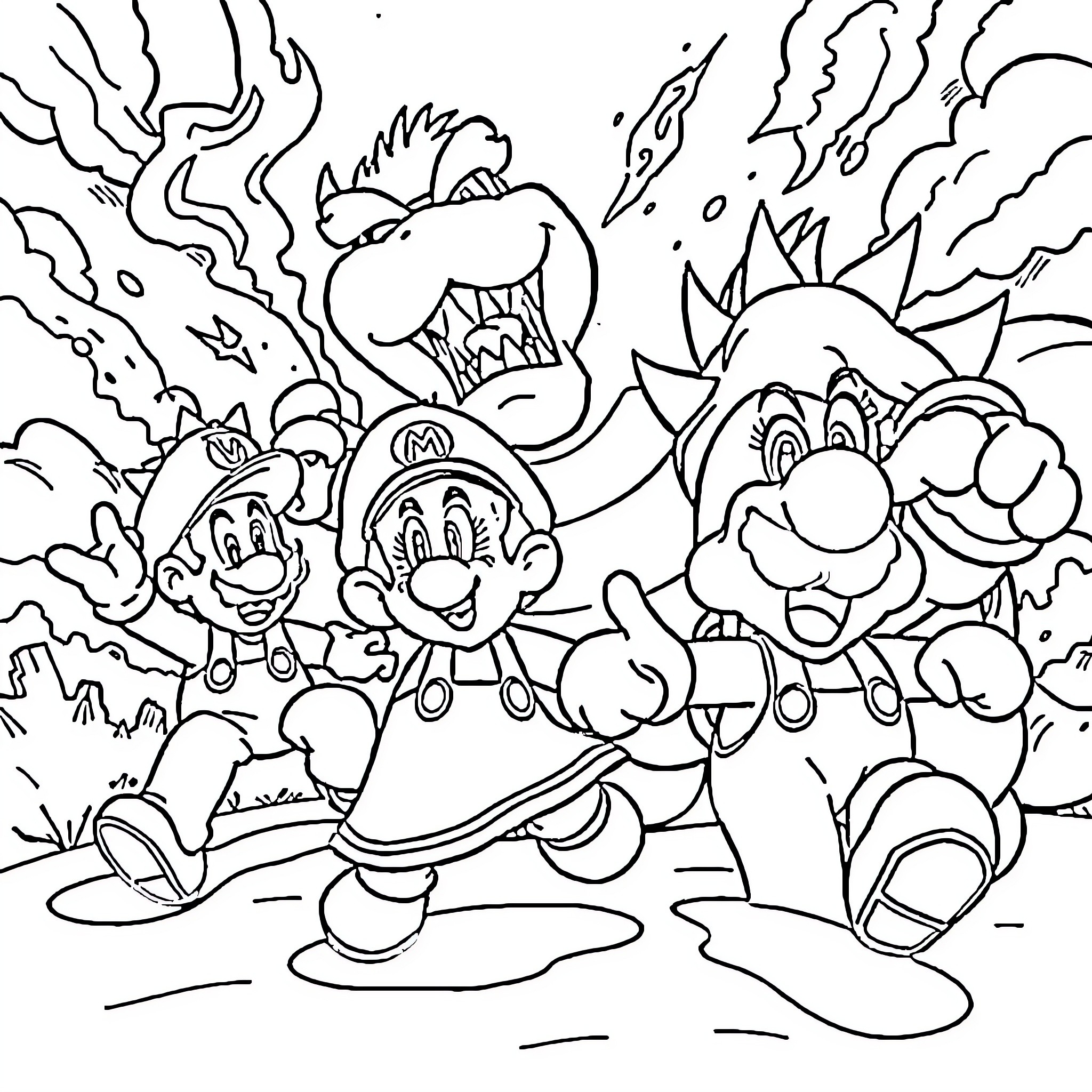 Mario and Friends in Animated Adventure Coloring Page (free black-and-white line drawing printable PDF for all, from beginners to advanced learners, including children, teens, adults, and seniors)
