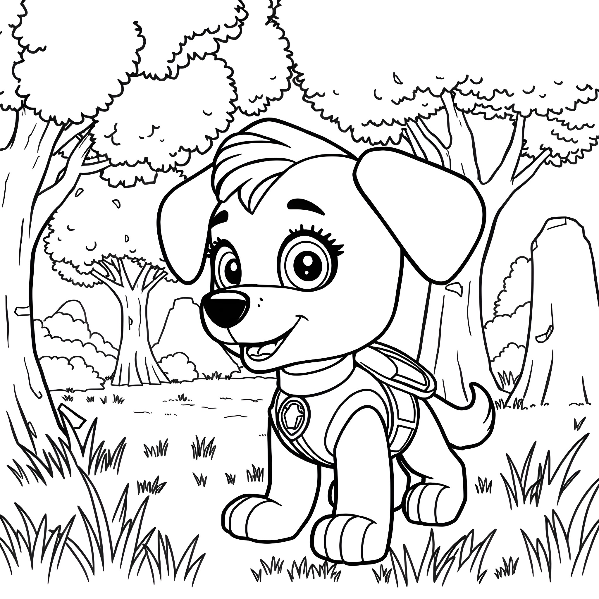 Skye the Pup's Playful Adventure in the Forest Coloring Page (free black-and-white line drawing printable PDF for all, from beginners to advanced learners, including children, teens, adults, and seniors)