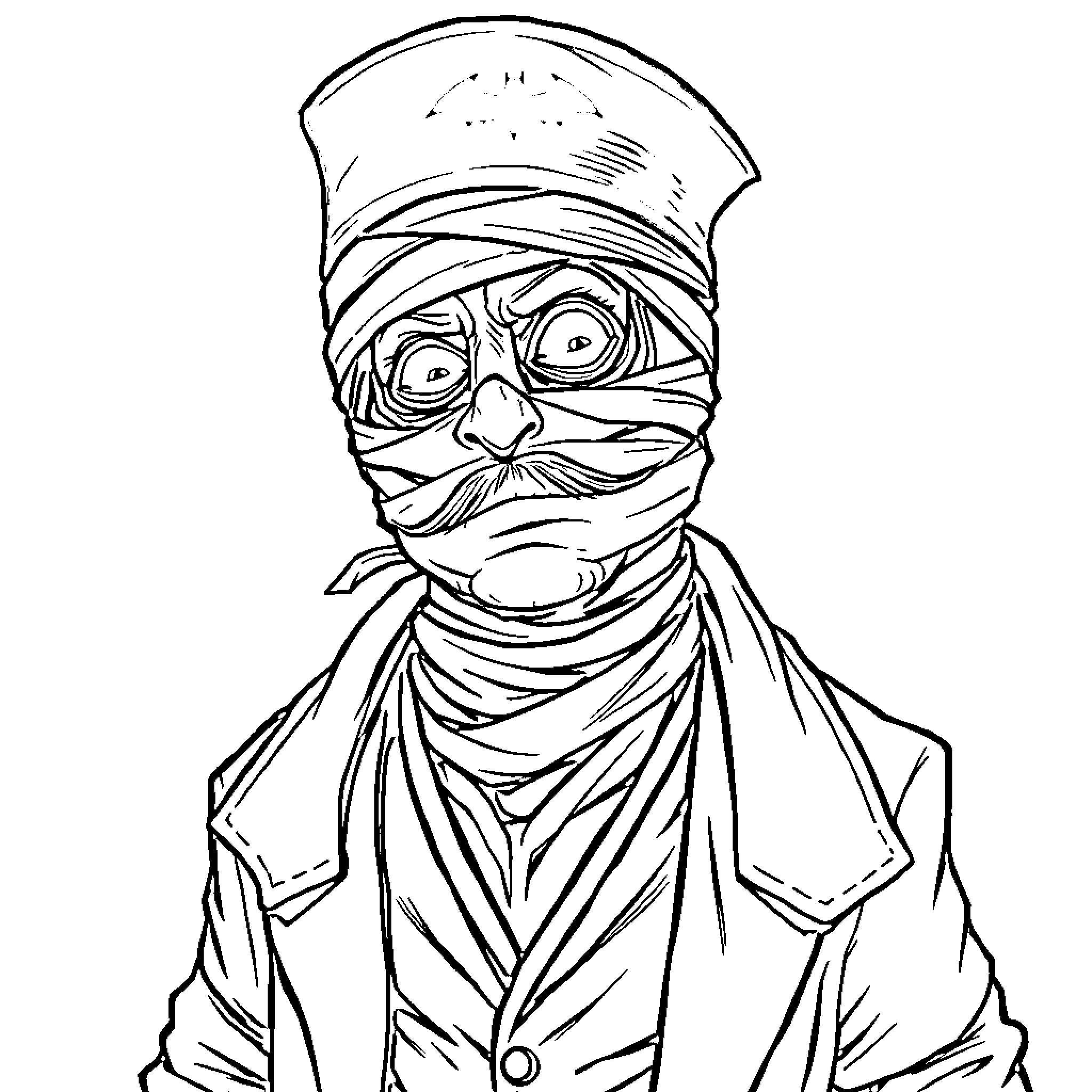 Mummy with Bandaged Face Portraying Ominous Expression Coloring Page (free black-and-white line drawing printable PDF for all, from beginners to advanced learners, including children, teens, adults, and seniors)