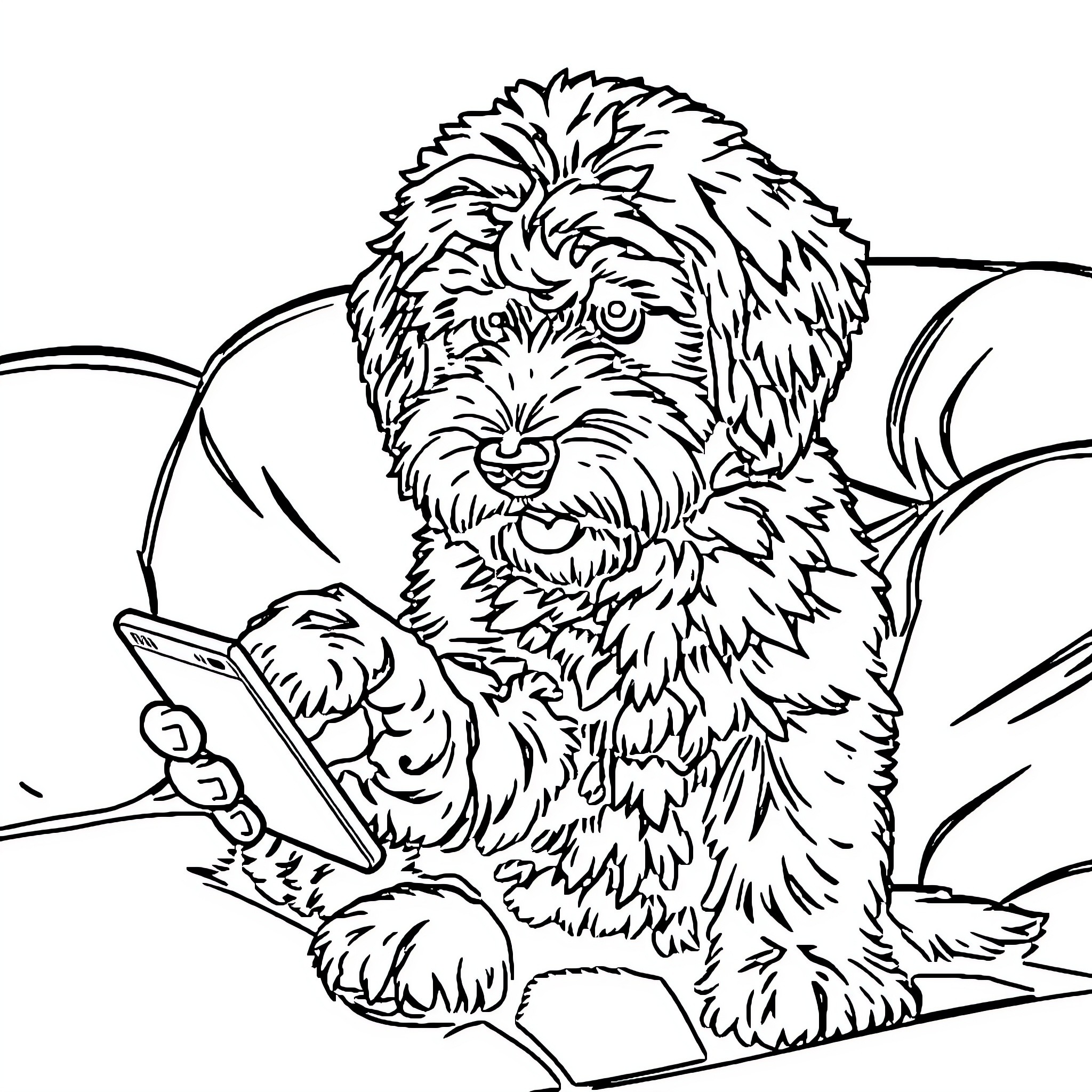 Labradoodle enjoying a relaxing afternoon with tablet Coloring Page (free black-and-white line drawing printable PDF for all, from beginners to advanced learners, including children, teens, adults, and seniors)