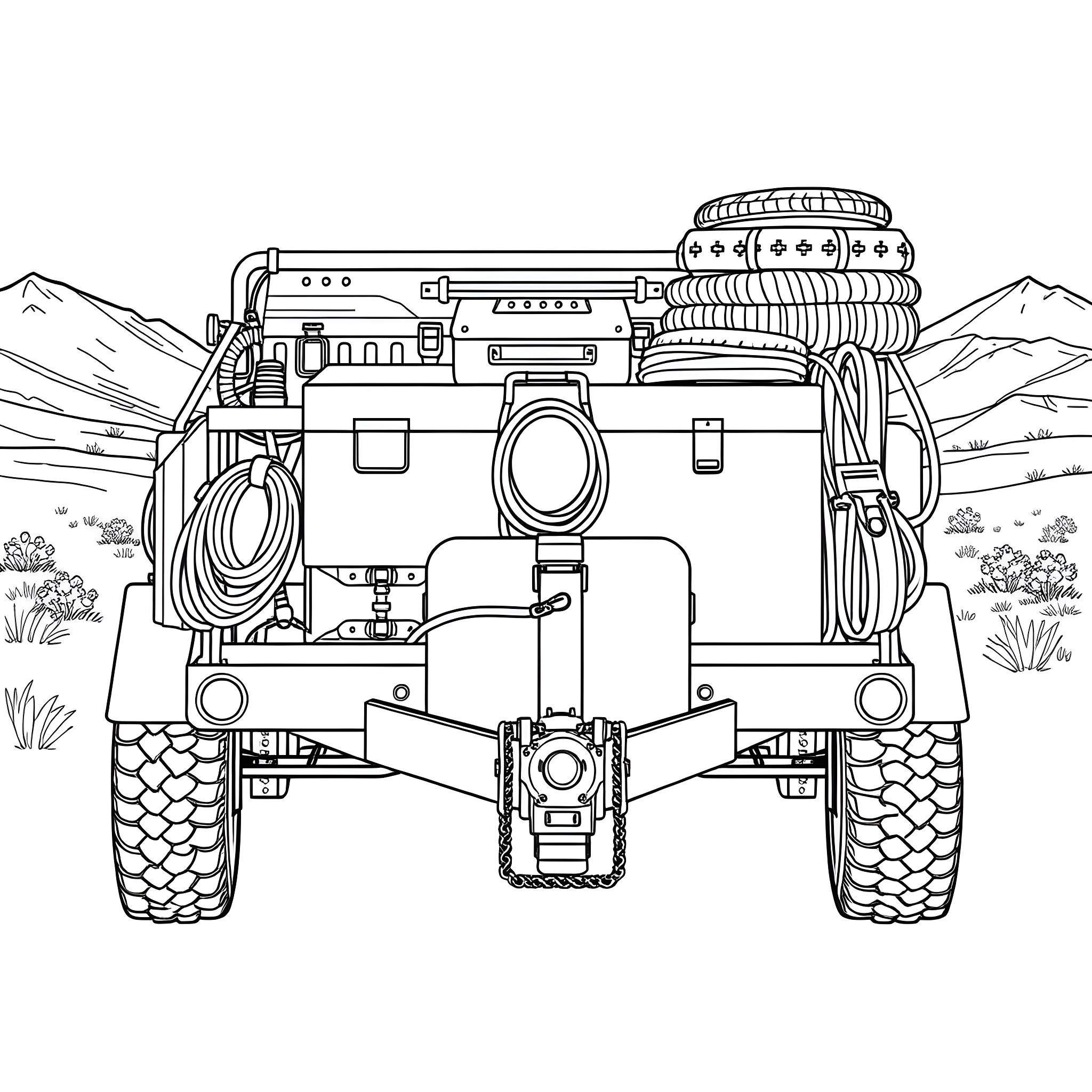 Trailer of a Rugged Expedition Vehicle in Outdoor Landscape Coloring Page (free black-and-white line drawing printable PDF for all, from beginners to advanced learners, including children, teens, adults, and seniors)