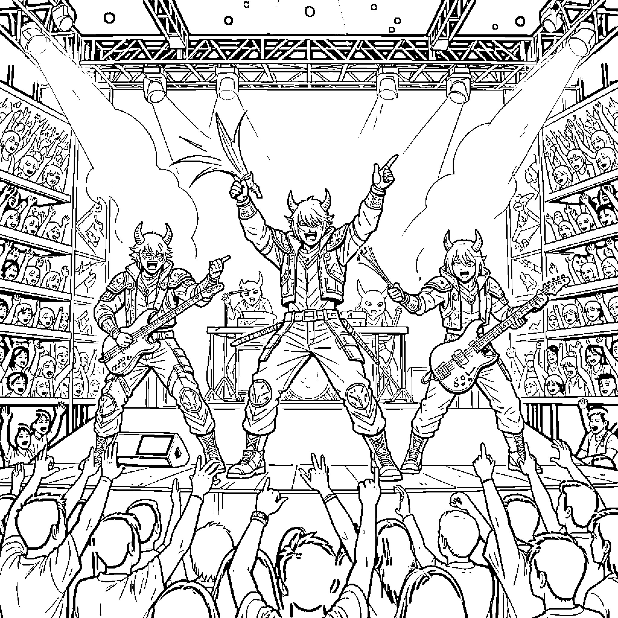 Kpop Demon Hunter band performing energetically on stage Coloring Page (free black-and-white line drawing printable PDF for all, from beginners to advanced learners, including children, teens, adults, and seniors)