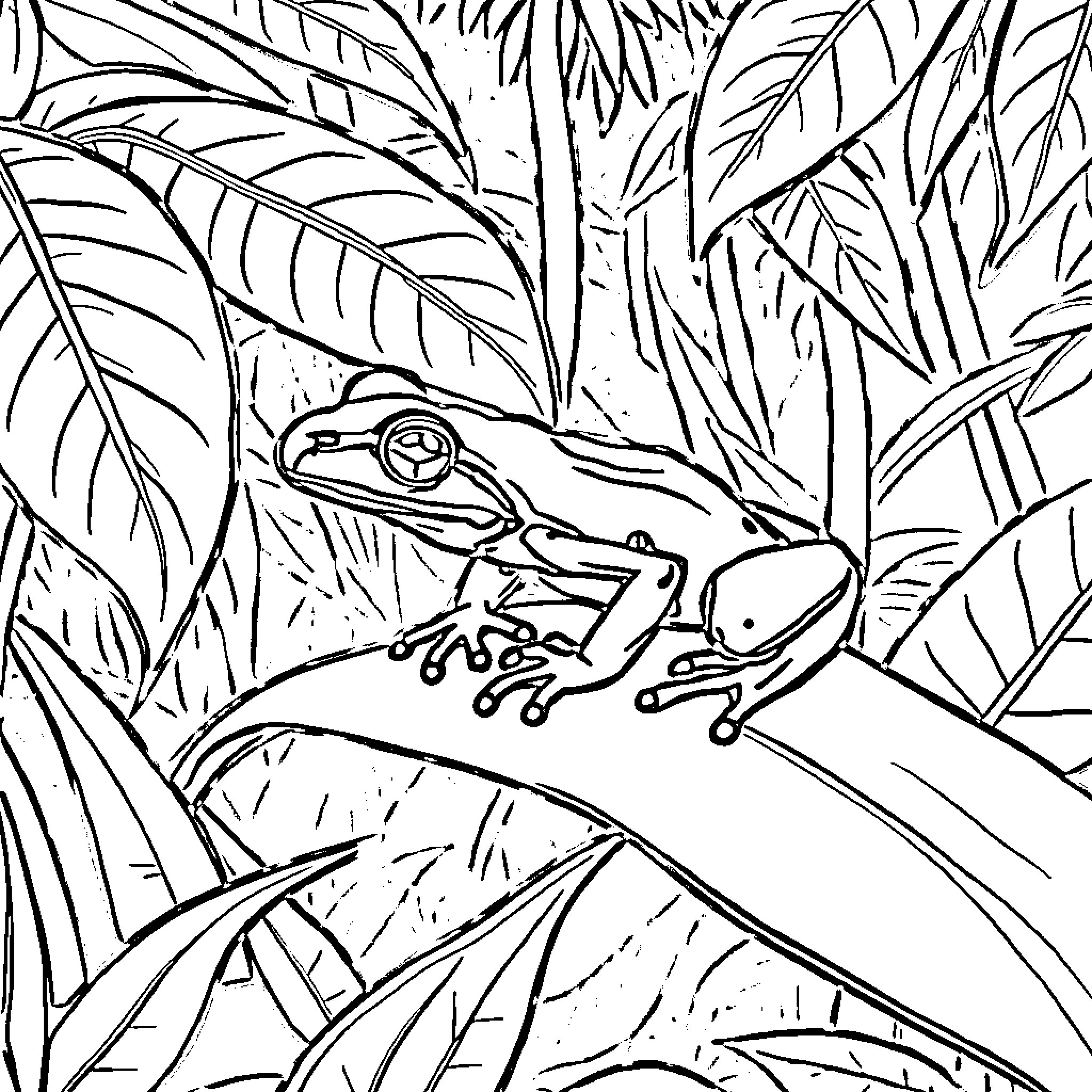 Coqui Frog Resting in Tropical Foliage Coloring Page (free black-and-white line drawing printable PDF for all, from beginners to advanced learners, including children, teens, adults, and seniors)