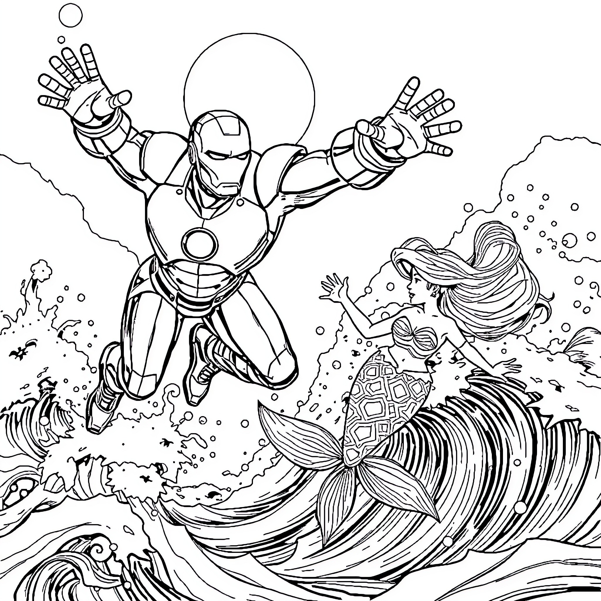 Ironman's underwater adventure with a mermaid Coloring Page (free black-and-white line drawing printable PDF for all, from beginners to advanced learners, including children, teens, adults, and seniors)