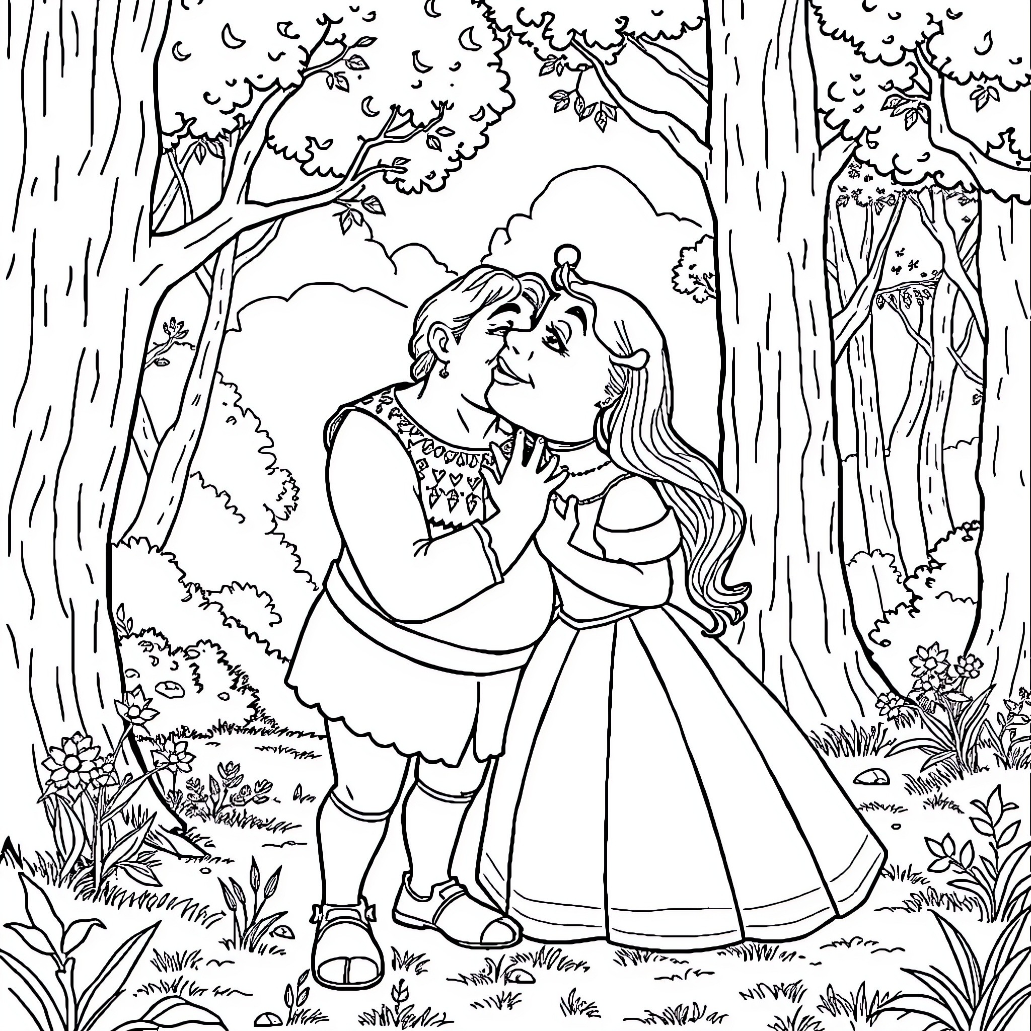Belle's Enchanting Forest Embrace Coloring Page (free black-and-white line drawing printable PDF for all, from beginners to advanced learners, including children, teens, adults, and seniors)