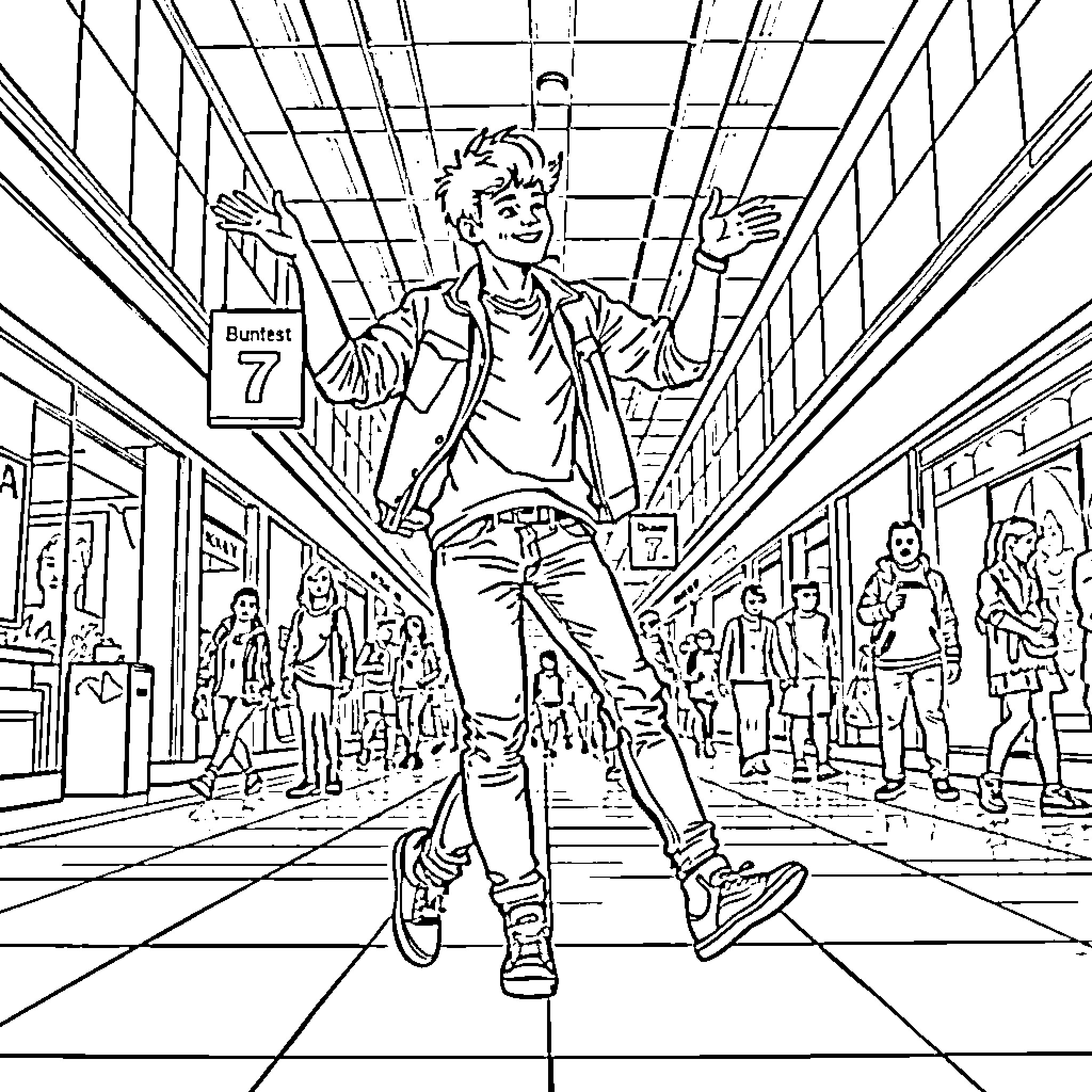 Teen boy walking confidently through busy shopping mall Coloring Page (free black-and-white line drawing printable PDF for all, from beginners to advanced learners, including children, teens, adults, and seniors)
