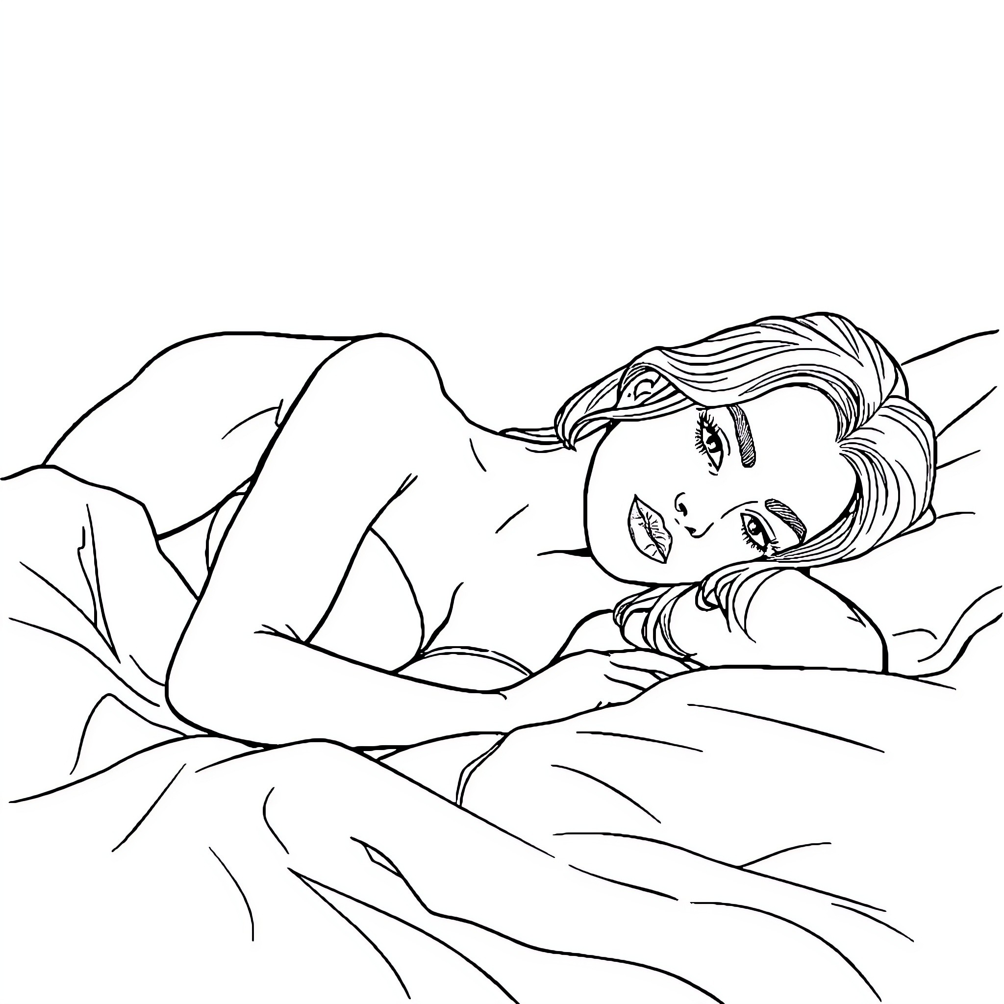 Woman resting peacefully in a serene environment Coloring Page (free black-and-white line drawing printable PDF for all, from beginners to advanced learners, including children, teens, adults, and seniors)