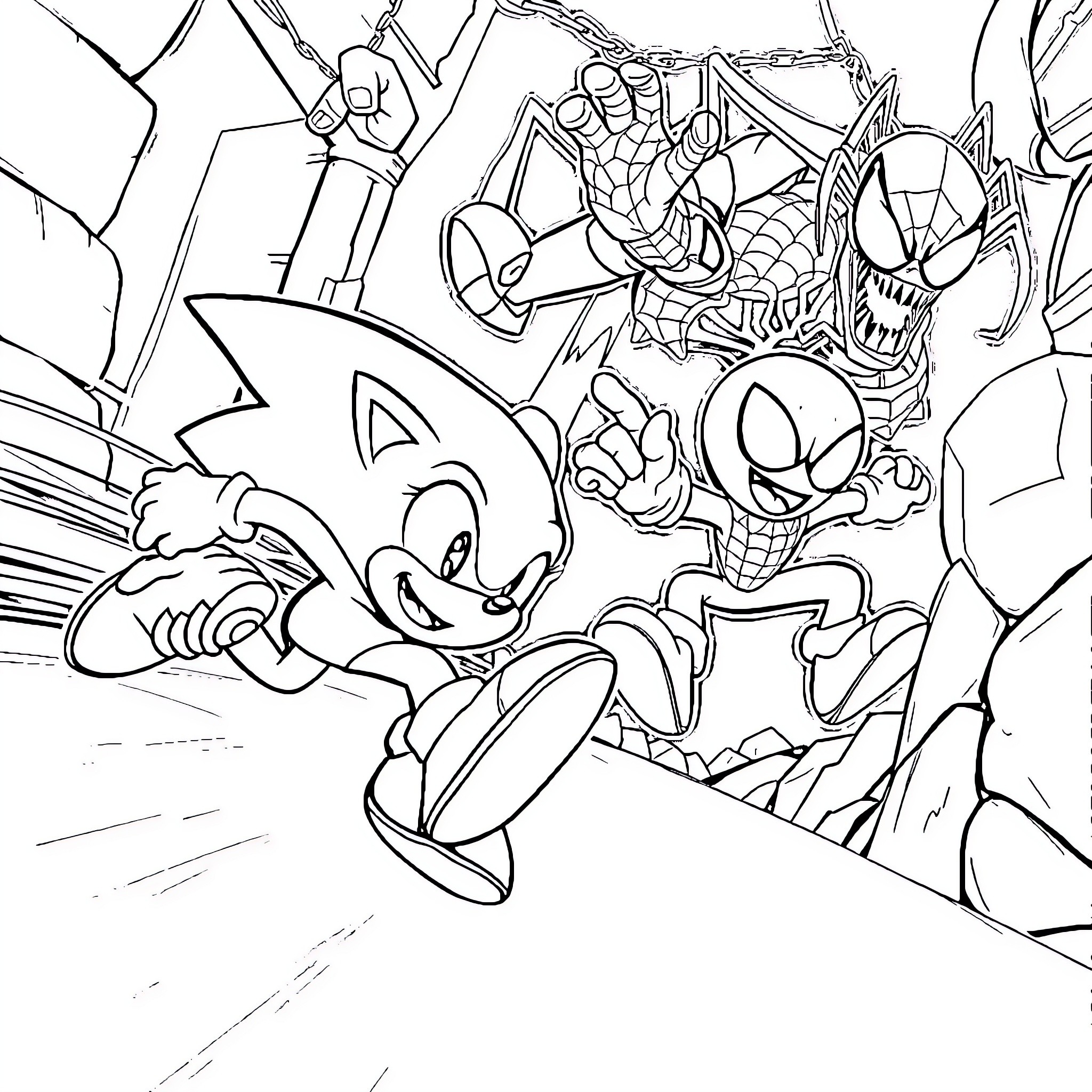 Sonic's Exciting Adventure with Superheroes Coloring Page (free black-and-white line drawing printable PDF for all, from beginners to advanced learners, including children, teens, adults, and seniors)