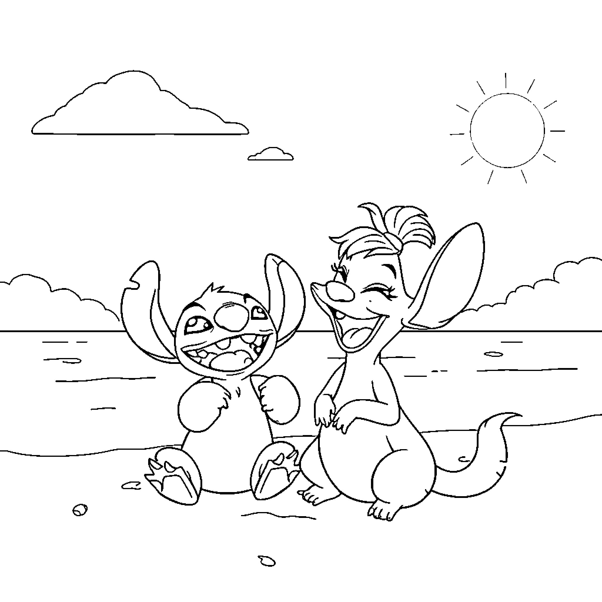 Stitch and Lilo playing happily on the beach Coloring Page (free black-and-white line drawing printable PDF for all, from beginners to advanced learners, including children, teens, adults, and seniors)