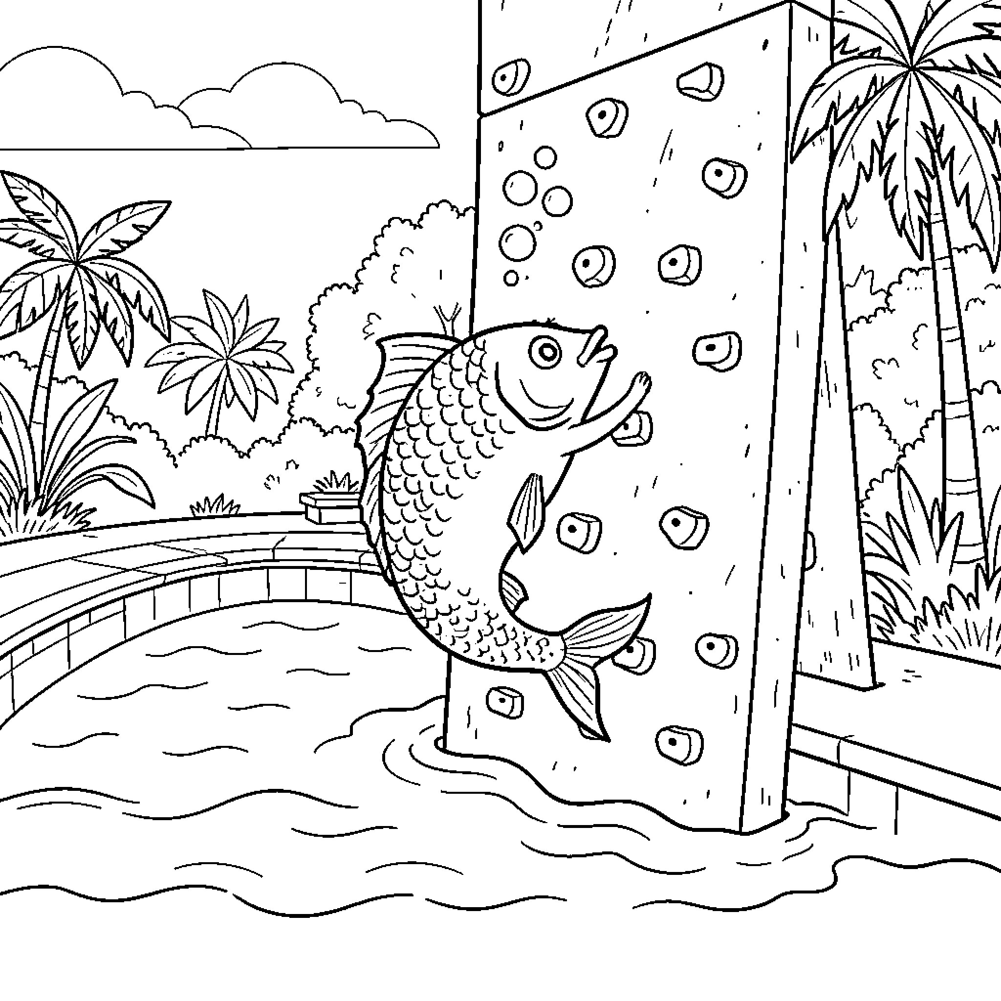 Fish jumping out of water towards a stone wall Coloring Page (free black-and-white line drawing printable PDF for all, from beginners to advanced learners, including children, teens, adults, and seniors)