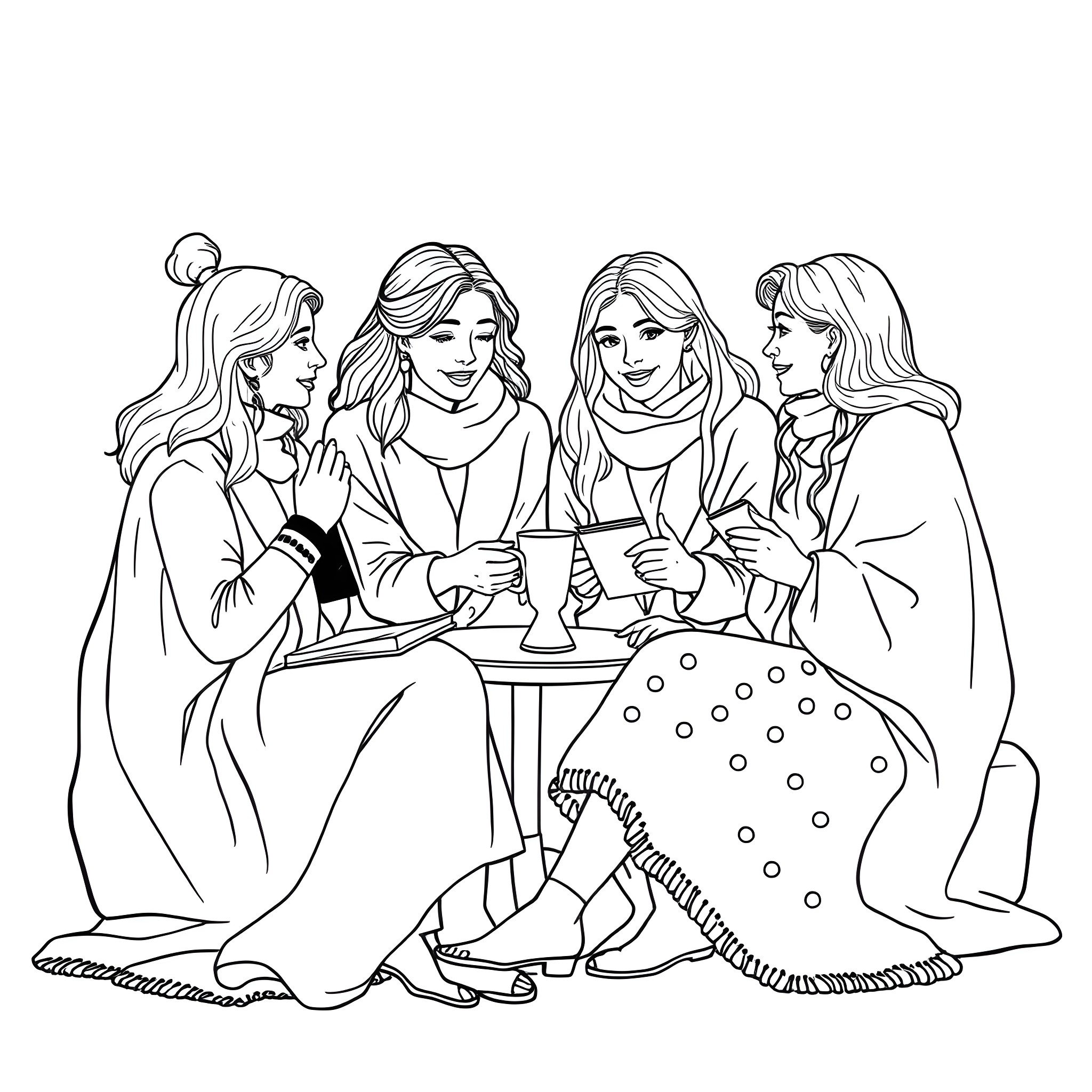 Women enjoying conversation and drinks in winter attire Coloring Page (free black-and-white line drawing printable PDF for all, from beginners to advanced learners, including children, teens, adults, and seniors)