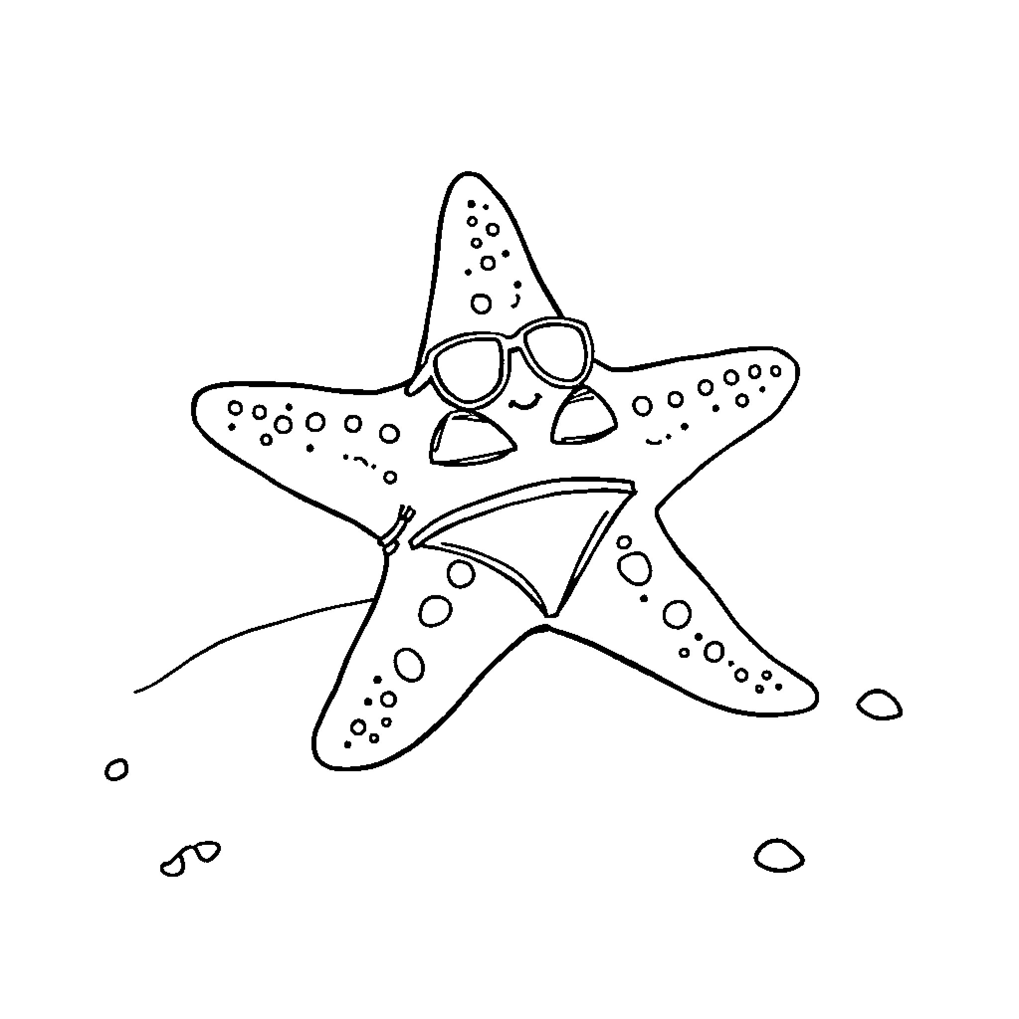 Starfish wearing sunglasses relaxing on the beach Coloring Page (free black-and-white line drawing printable PDF for all, from beginners to advanced learners, including children, teens, adults, and seniors)