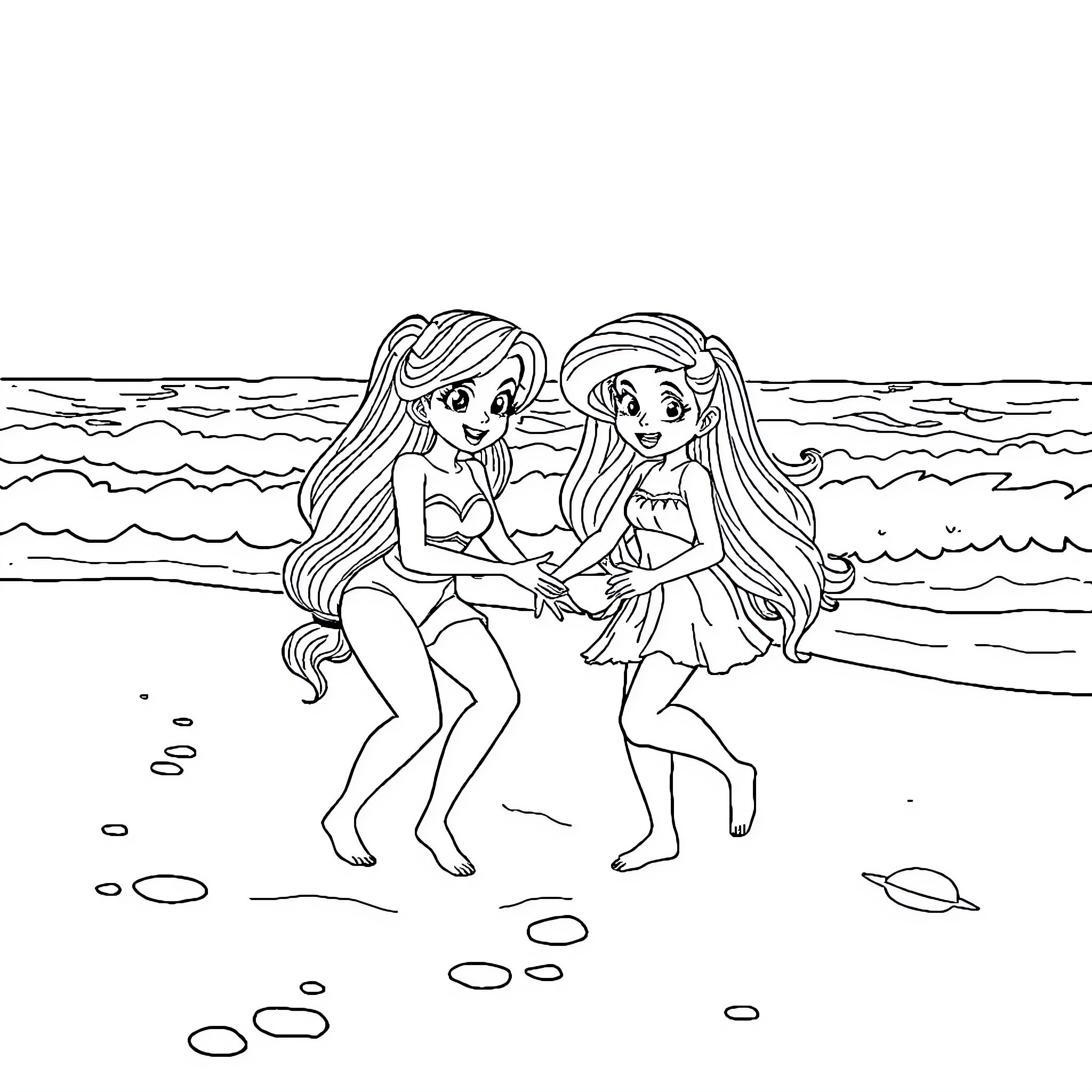 Arcee and Friend Enjoying the Beach Coloring Page (free black-and-white line drawing printable PDF for all, from beginners to advanced learners, including children, teens, adults, and seniors)