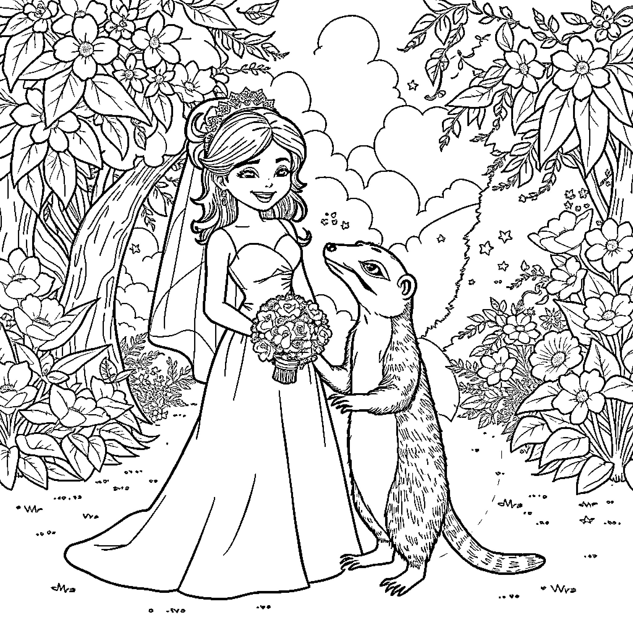 Angela Giarratana's fairytale wedding with forest companion Coloring Page (free black-and-white line drawing printable PDF for all, from beginners to advanced learners, including children, teens, adults, and seniors)