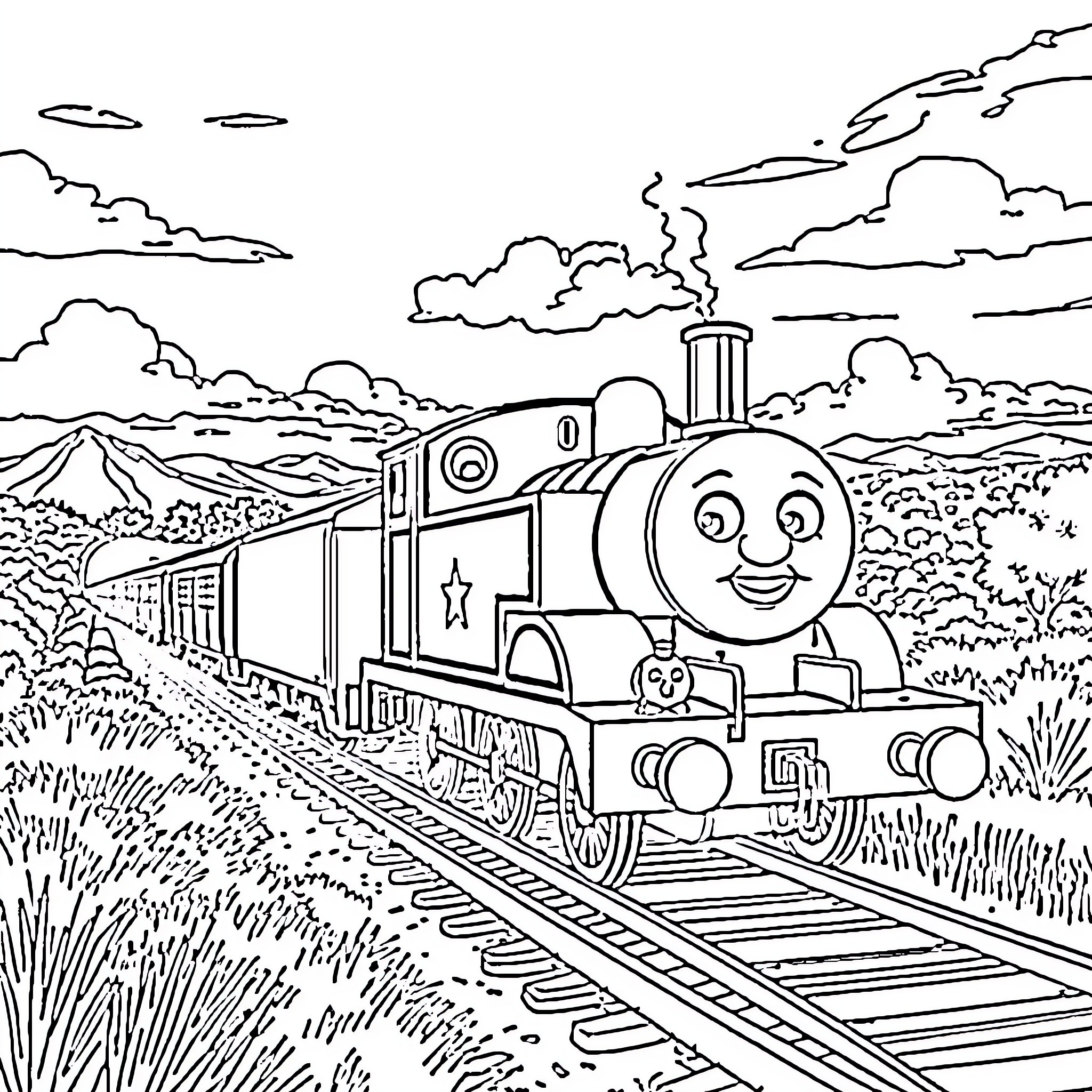 Thomas the Tank Engine chugging through the countryside Coloring Page (free black-and-white line drawing printable PDF for all, from beginners to advanced learners, including children, teens, adults, and seniors)