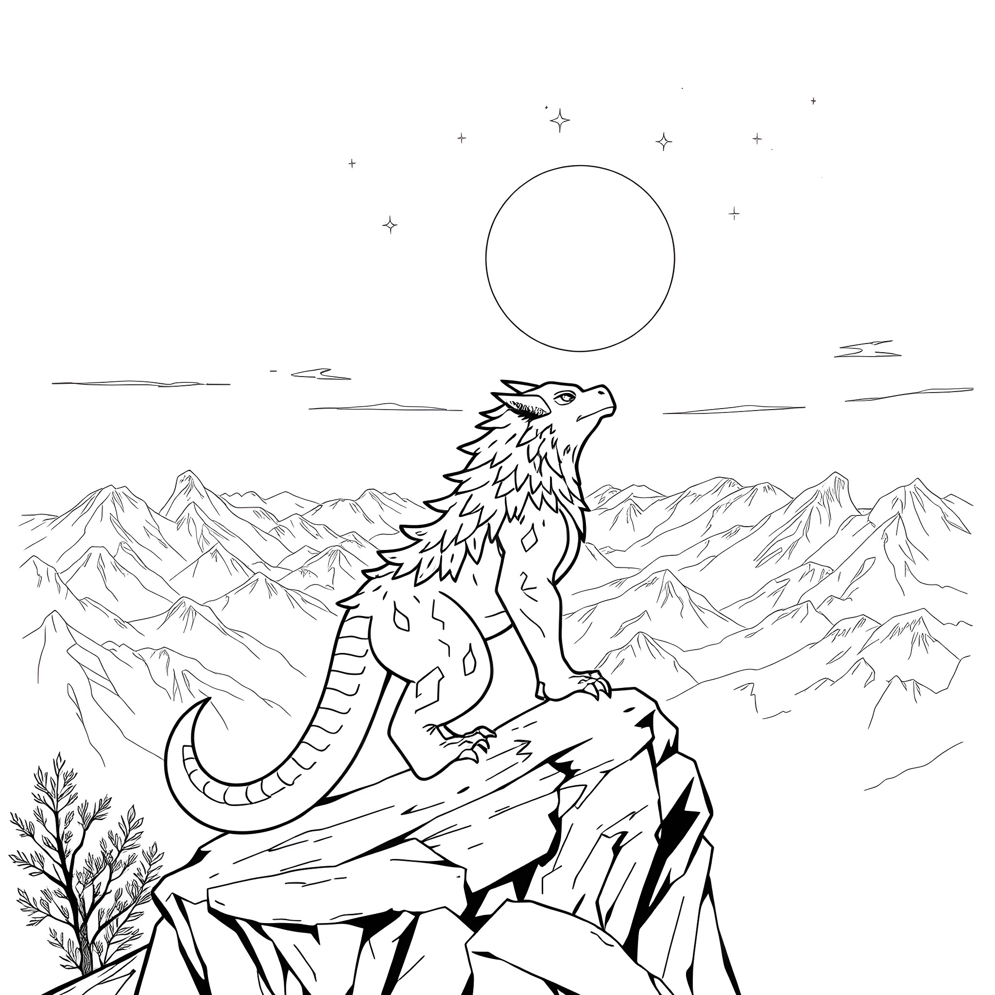 Haxorus standing tall on a mountain peak Coloring Page (free black-and-white line drawing printable PDF for all, from beginners to advanced learners, including children, teens, adults, and seniors)
