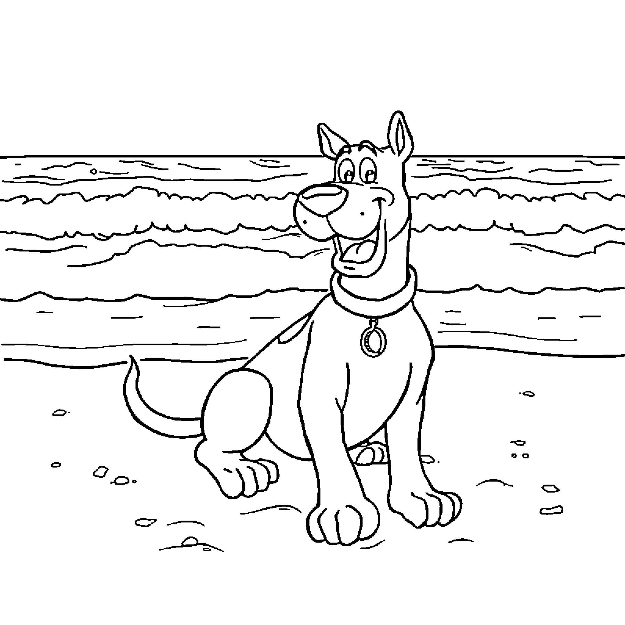 Scooby Doo playing happily on the beach Coloring Page (free black-and-white line drawing printable PDF for all, from beginners to advanced learners, including children, teens, adults, and seniors)