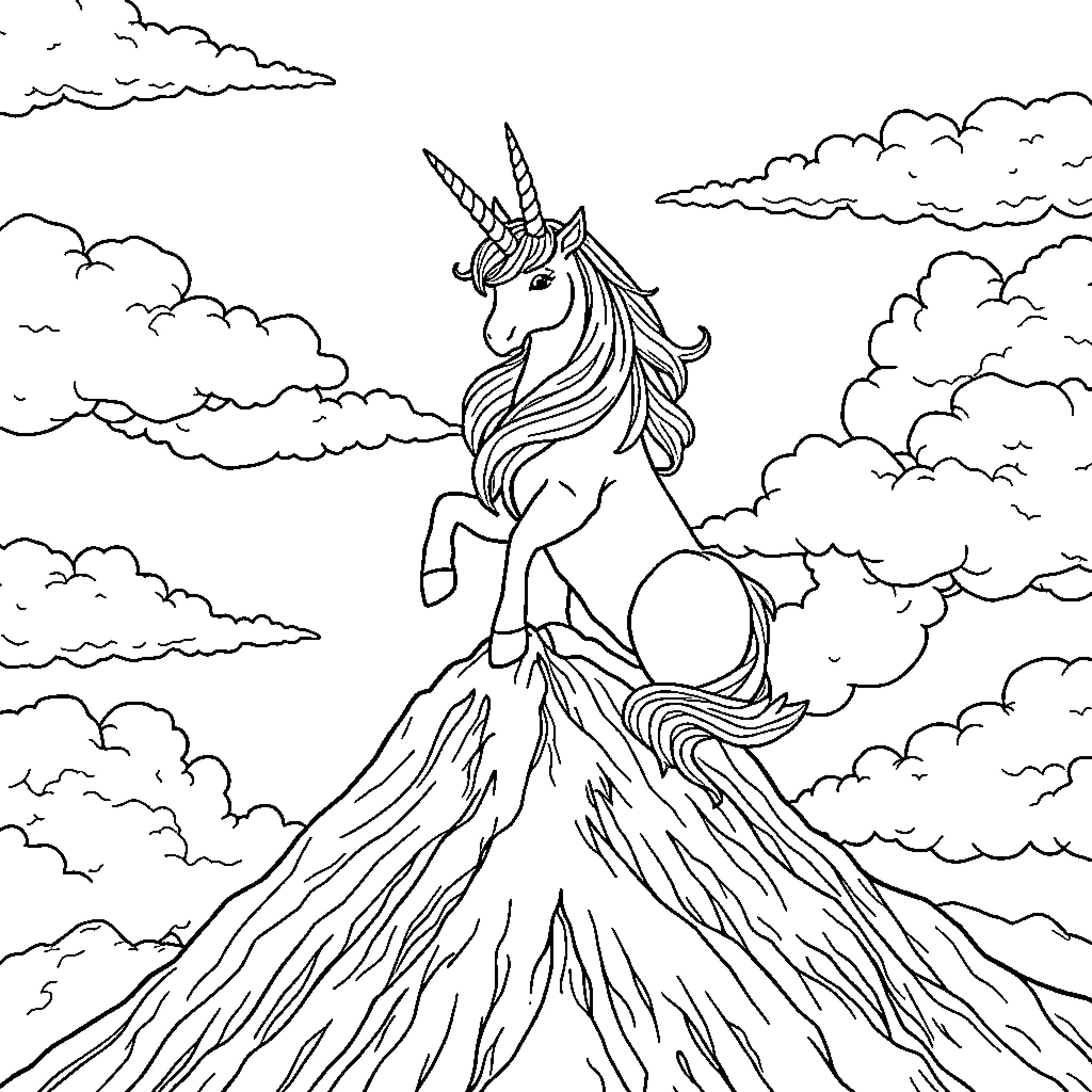 Unicorn ascending majestic mountain in the clouds Coloring Page (free black-and-white line drawing printable PDF for all, from beginners to advanced learners, including children, teens, adults, and seniors)