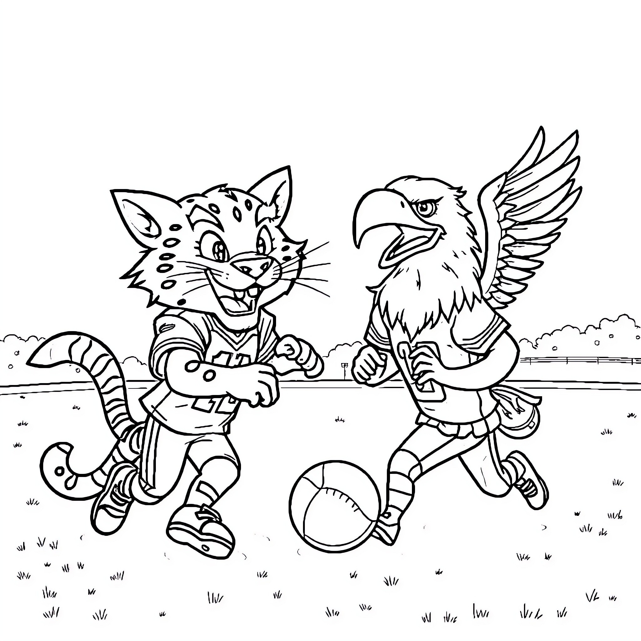 Mascot cat and bird playing together outdoors Coloring Page (free black-and-white line drawing printable PDF for all, from beginners to advanced learners, including children, teens, adults, and seniors)