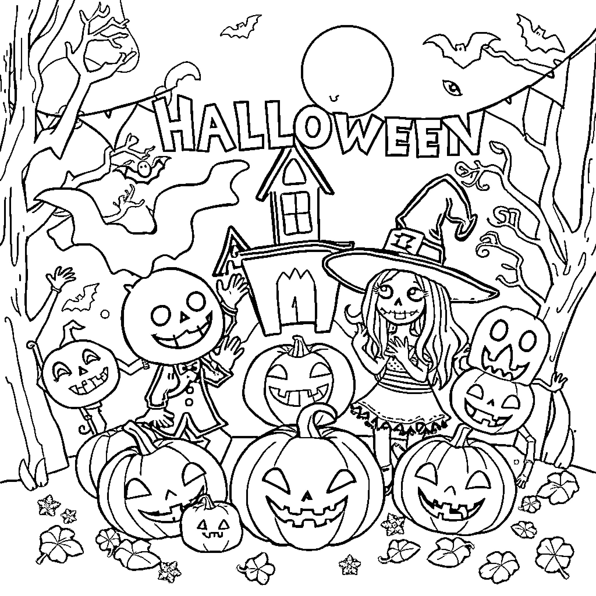 Halloween spooky characters and haunted house Coloring Page (free black-and-white line drawing printable PDF for all, from beginners to advanced learners, including children, teens, adults, and seniors)