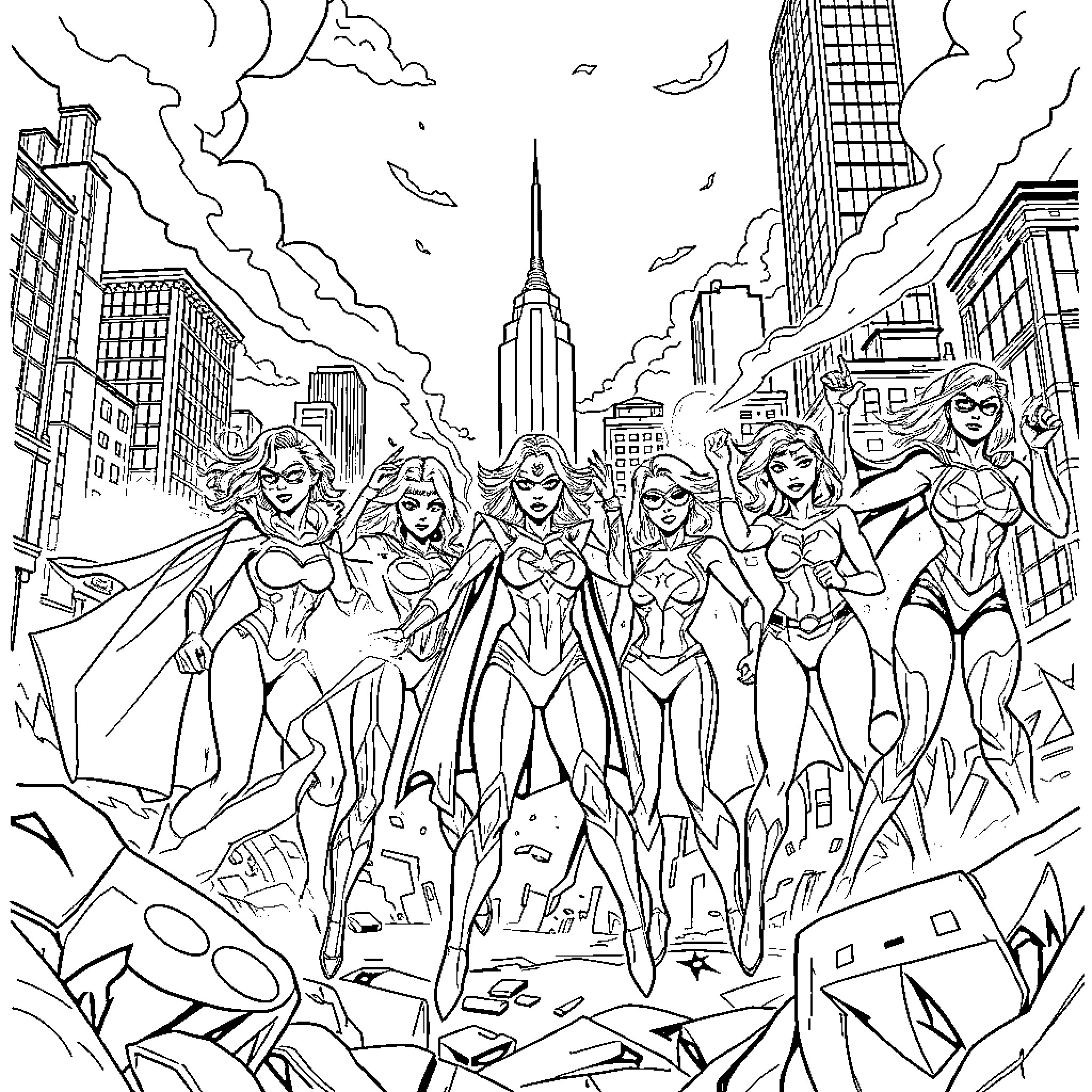 Superhero girls in action with cityscape backdrop Coloring Page (free black-and-white line drawing printable PDF for all, from beginners to advanced learners, including children, teens, adults, and seniors)