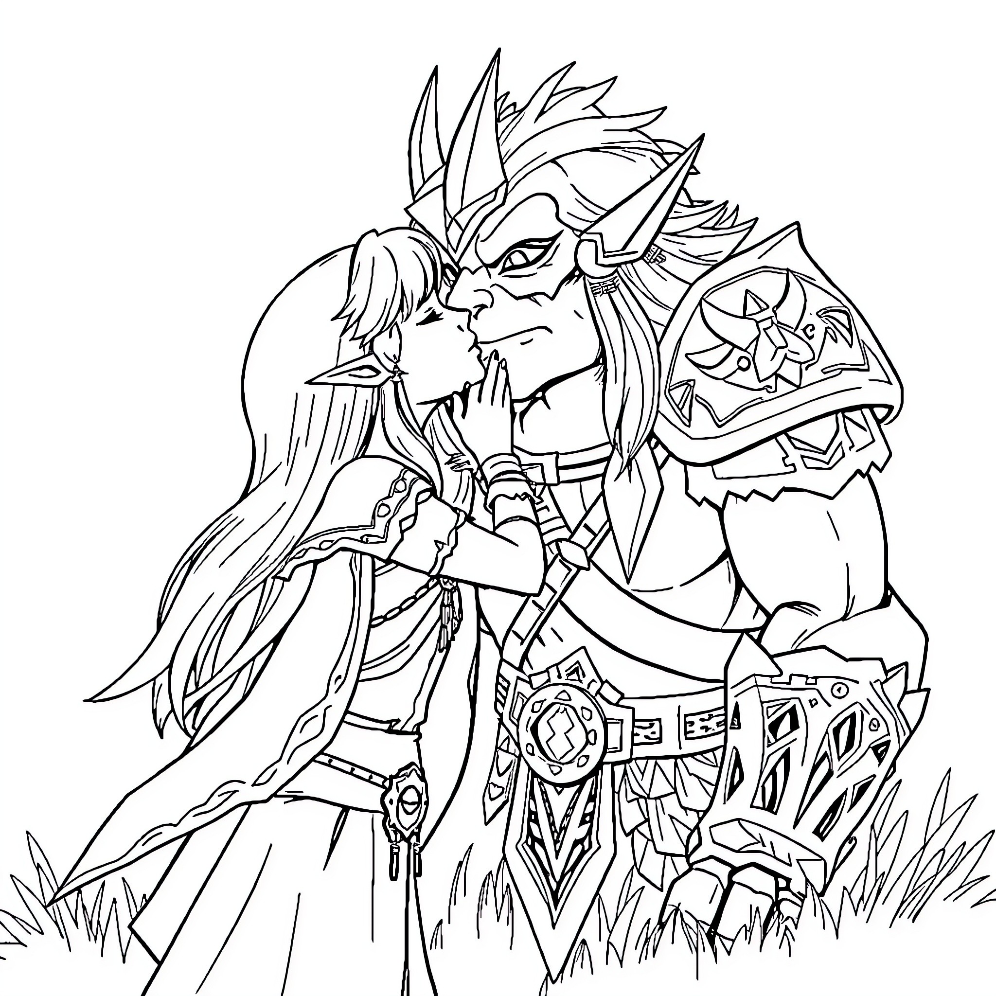 Zelda warrior in battle stance with sword and shield Coloring Page (free black-and-white line drawing printable PDF for all, from beginners to advanced learners, including children, teens, adults, and seniors)