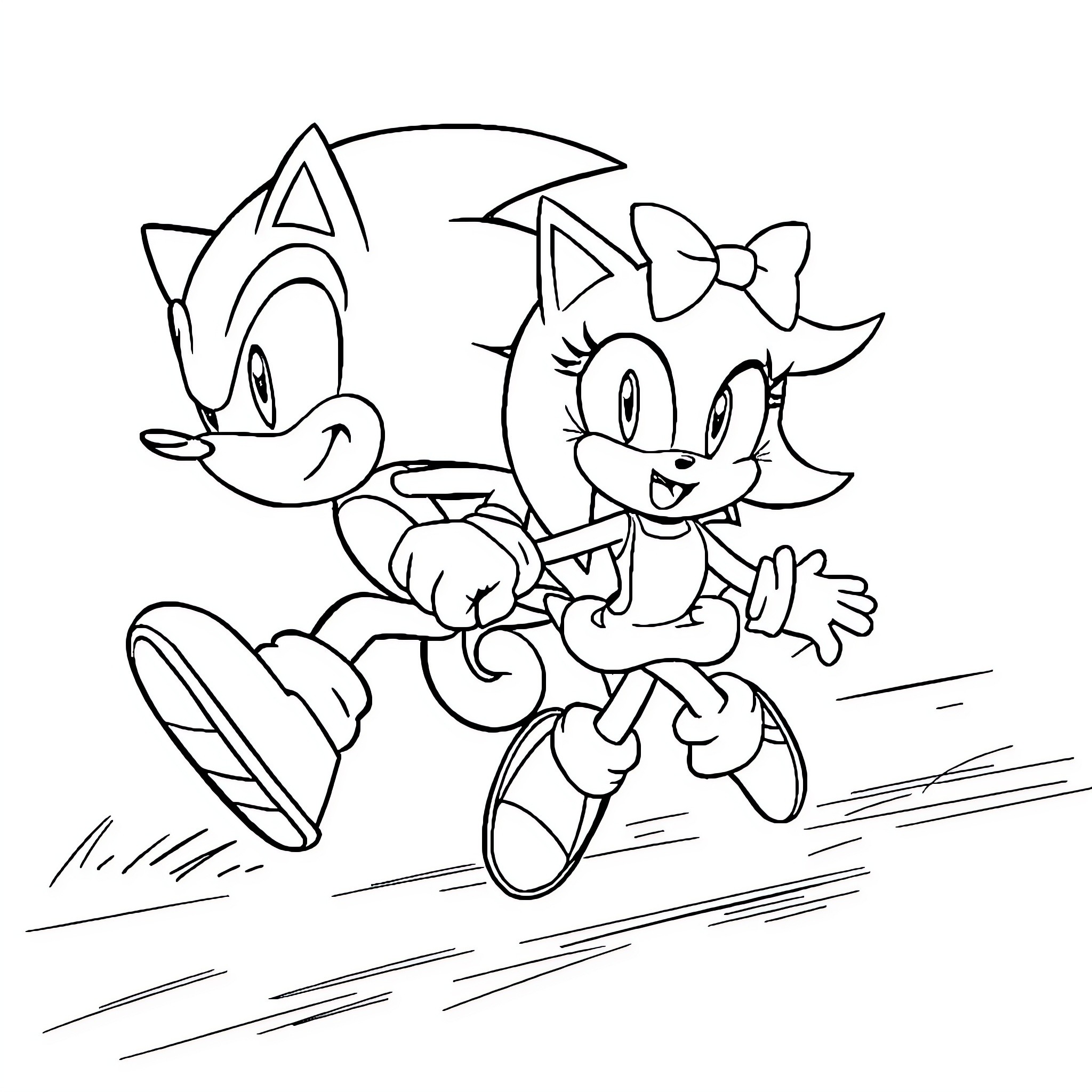 Sonic and Amy running together happily Coloring Page (free black-and-white line drawing printable PDF for all, from beginners to advanced learners, including children, teens, adults, and seniors)