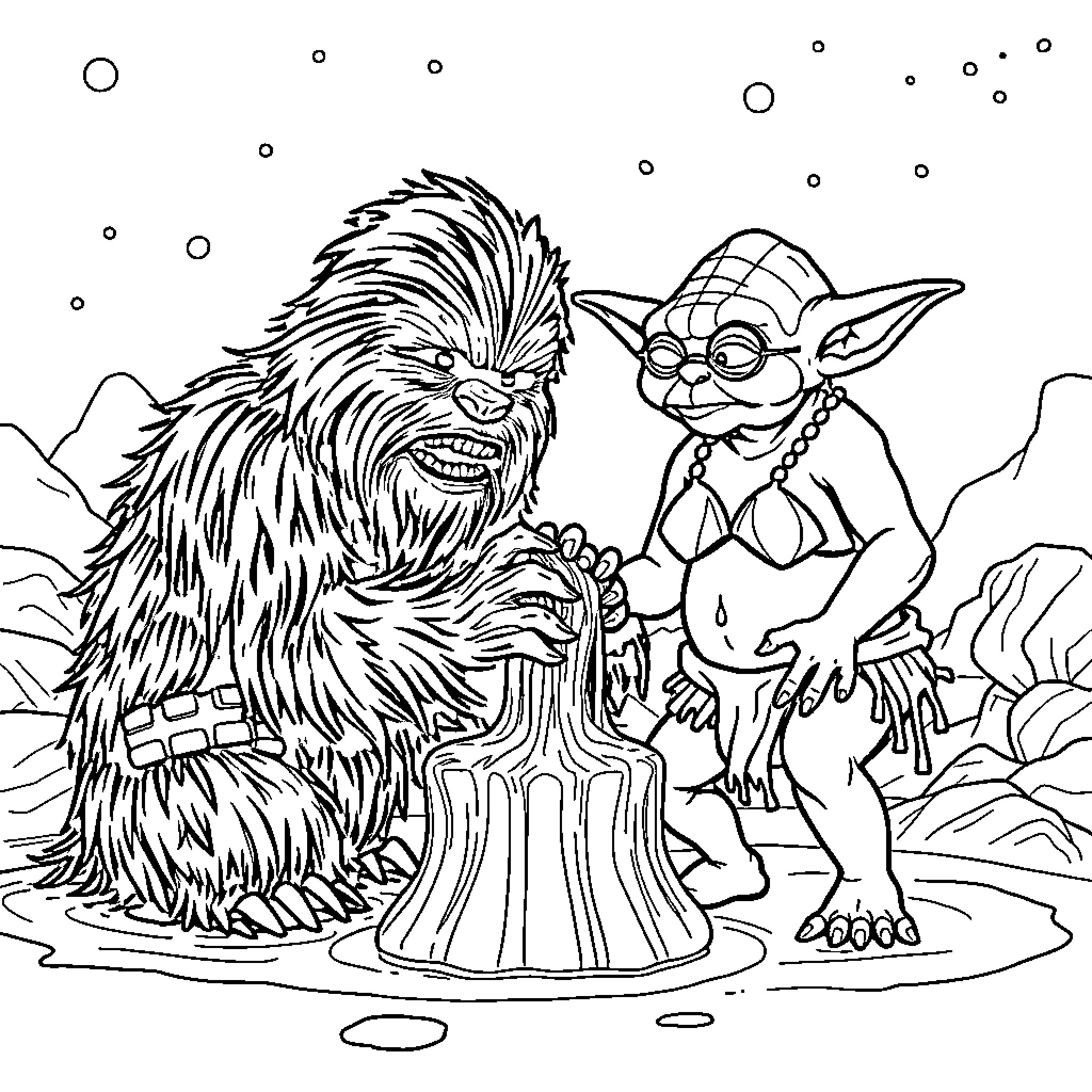 Chewbacca and Yoda Encounter in the Wilderness Coloring Page (free black-and-white line drawing printable PDF for all, from beginners to advanced learners, including children, teens, adults, and seniors)