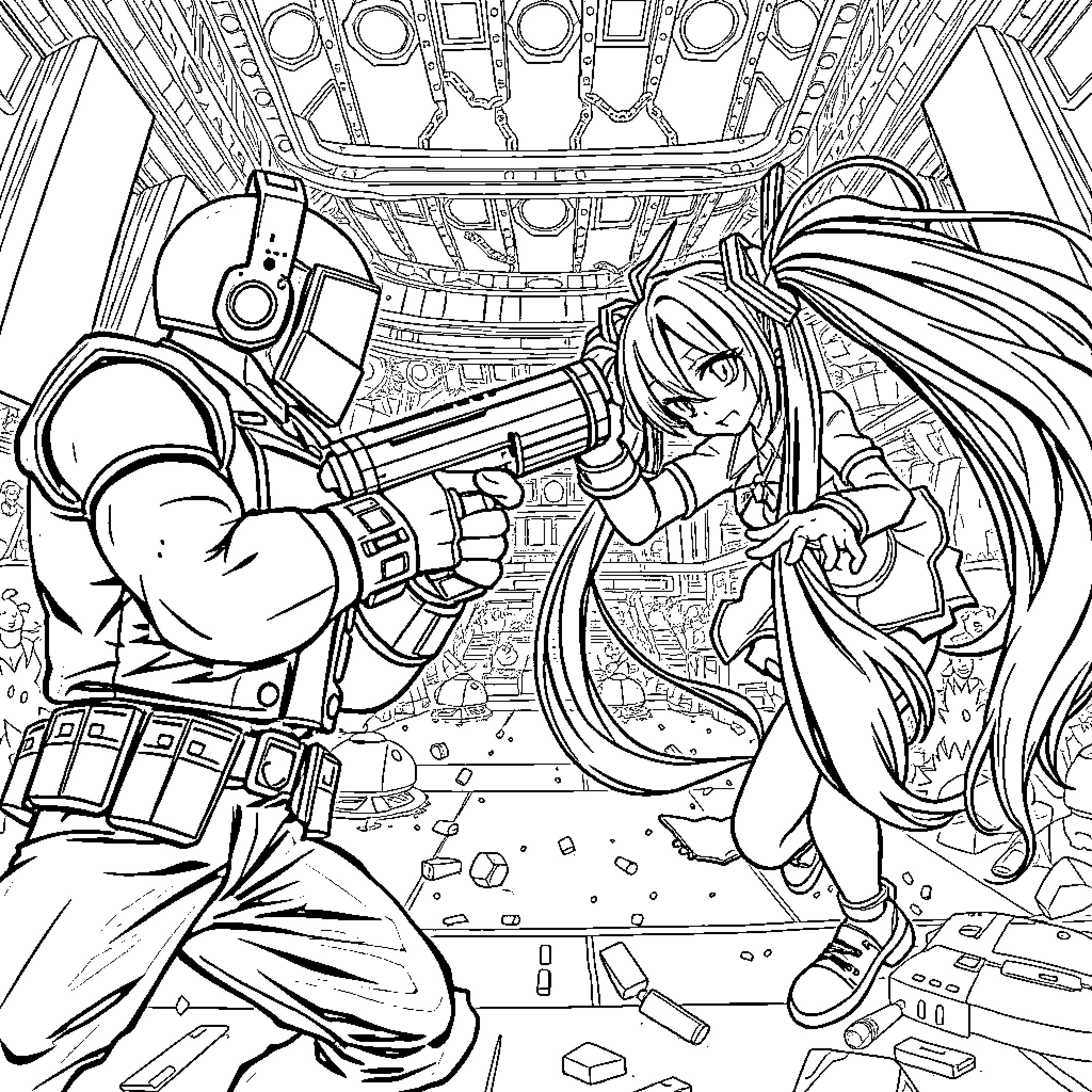 Duke Nukem battles with a fierce female warrior Coloring Page (free black-and-white line drawing printable PDF for all, from beginners to advanced learners, including children, teens, adults, and seniors)