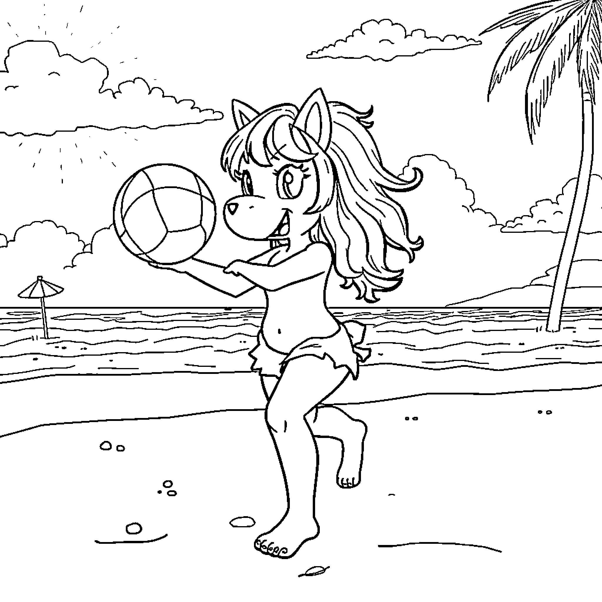 Cinamoroll playing on the beach with a ball Coloring Page (free black-and-white line drawing printable PDF for all, from beginners to advanced learners, including children, teens, adults, and seniors)