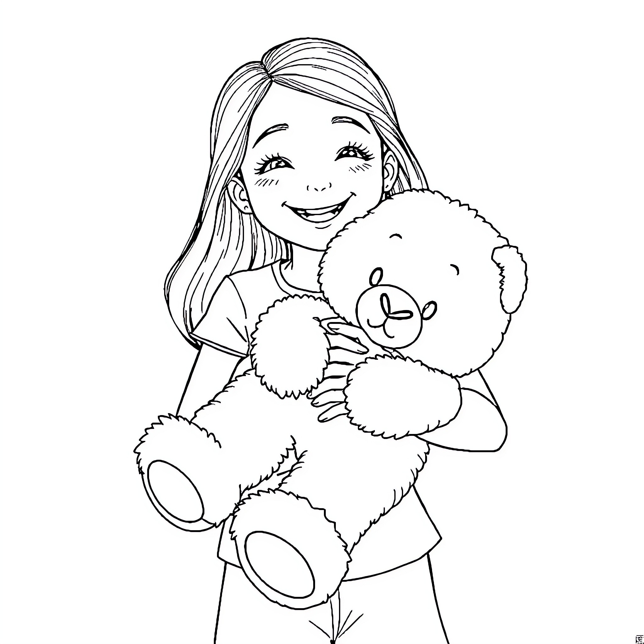 Girl happily hugging a plush teddy bear Coloring Page (free black-and-white line drawing printable PDF for all, from beginners to advanced learners, including children, teens, adults, and seniors)