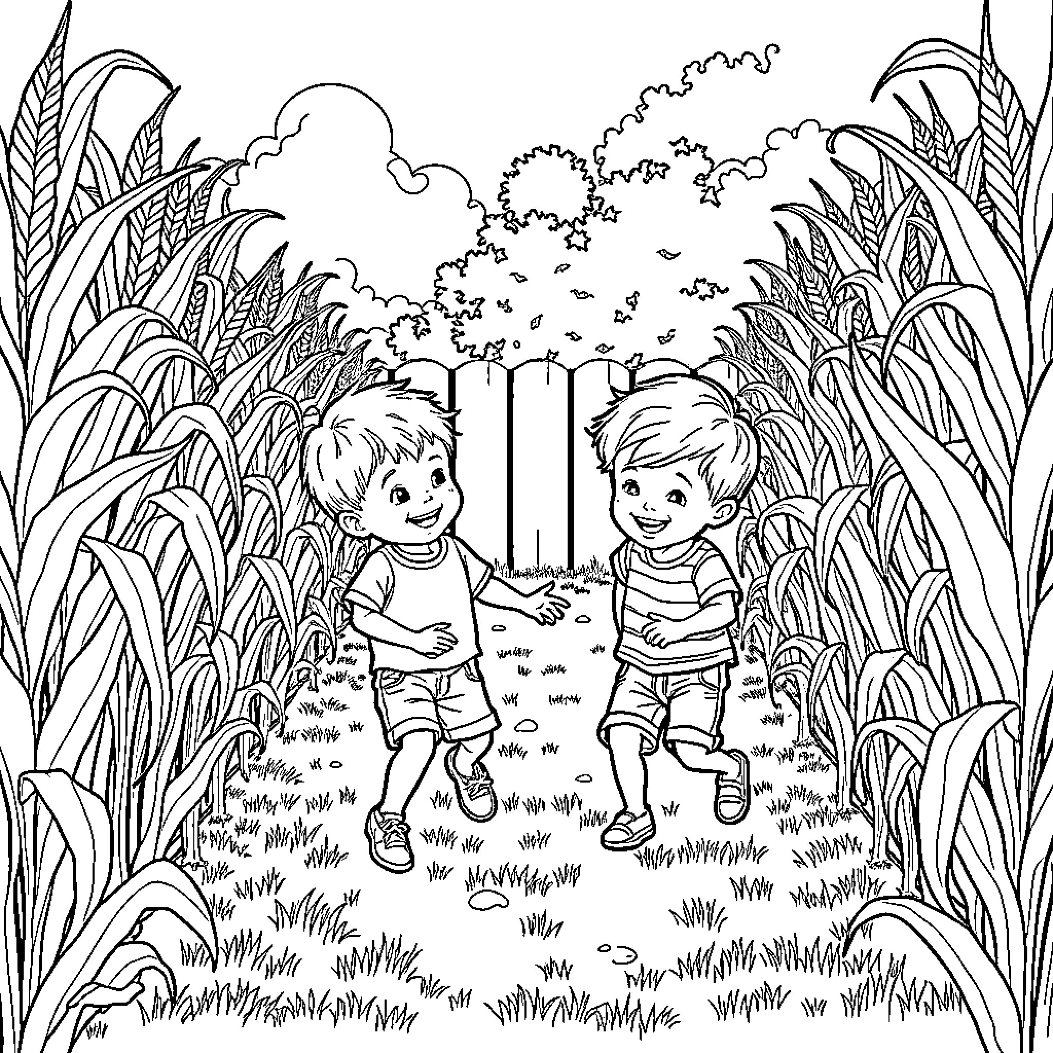Brother's Playful Adventure in the Wilderness Coloring Page (free black-and-white line drawing printable PDF for all, from beginners to advanced learners, including children, teens, adults, and seniors)