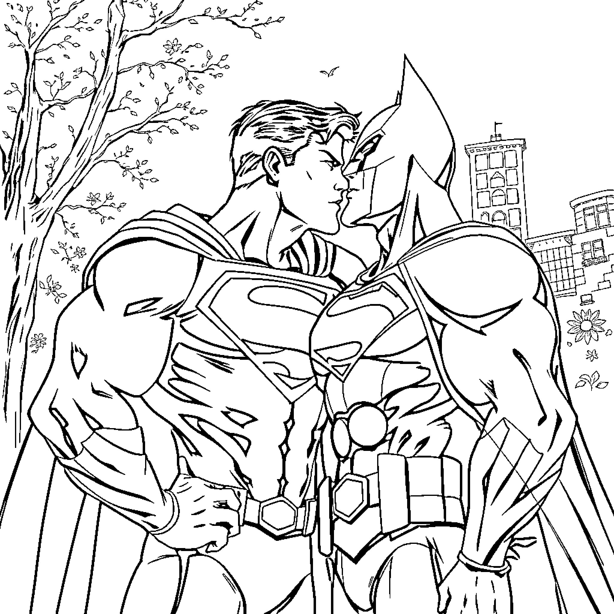 Superman's heroic pose in the city landscape Coloring Page (free black-and-white line drawing printable PDF for all, from beginners to advanced learners, including children, teens, adults, and seniors)