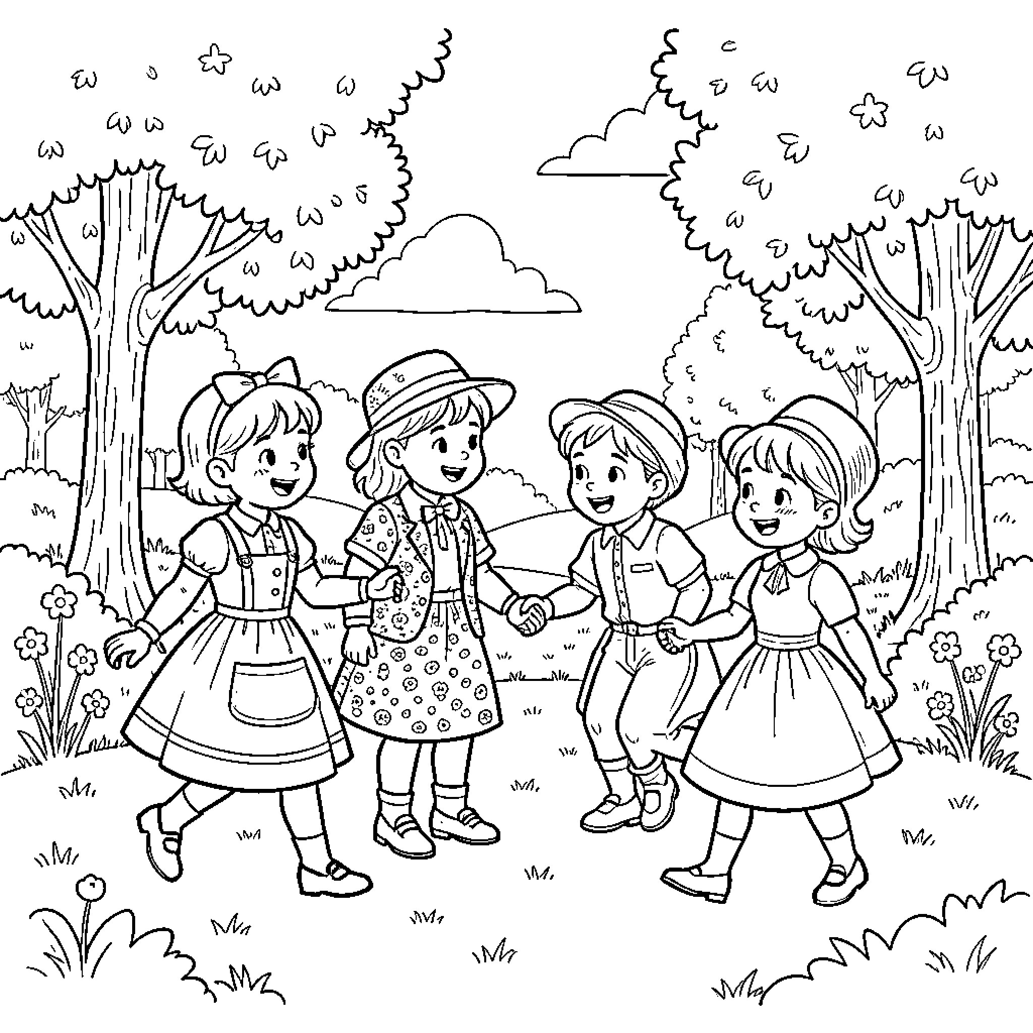 Kid friends holding hands and walking through a garden Coloring Page (free black-and-white line drawing printable PDF for all, from beginners to advanced learners, including children, teens, adults, and seniors)