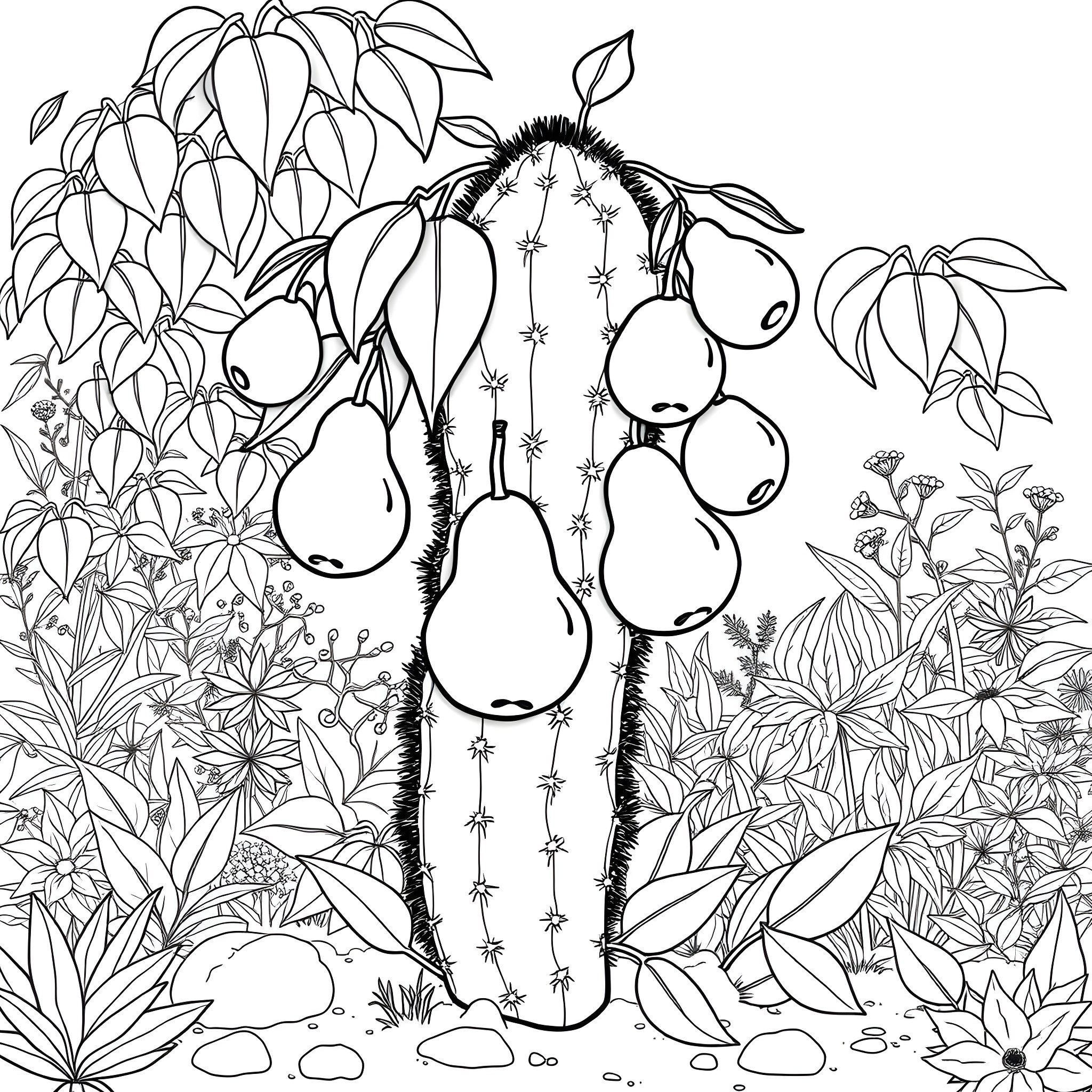 Cactus with Whimsical Pear-Like Fruits in Lush Foliage Coloring Page (free black-and-white line drawing printable PDF for all, from beginners to advanced learners, including children, teens, adults, and seniors)