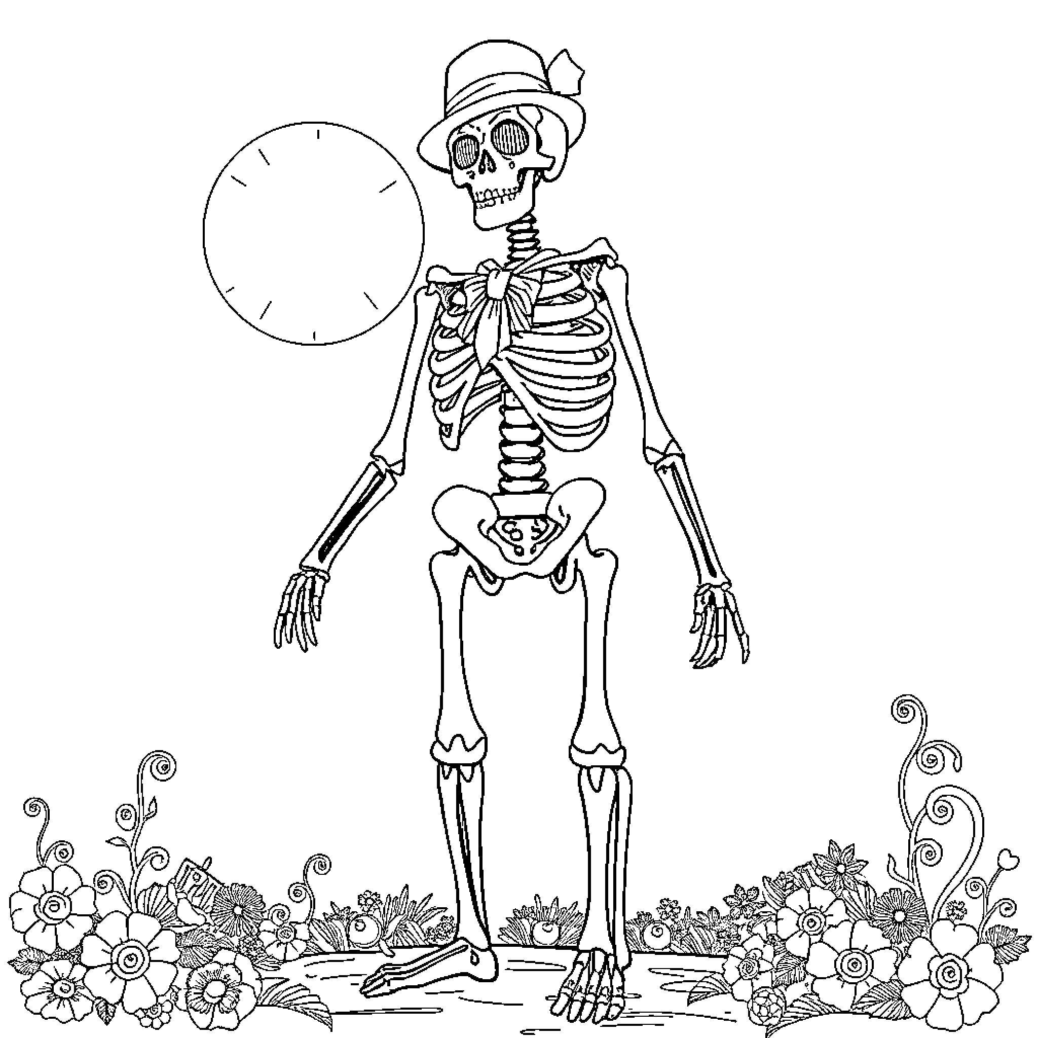 Skeleton in Whimsical Attire Amid Flowers Coloring Page (free black-and-white line drawing printable PDF for all, from beginners to advanced learners, including children, teens, adults, and seniors)
