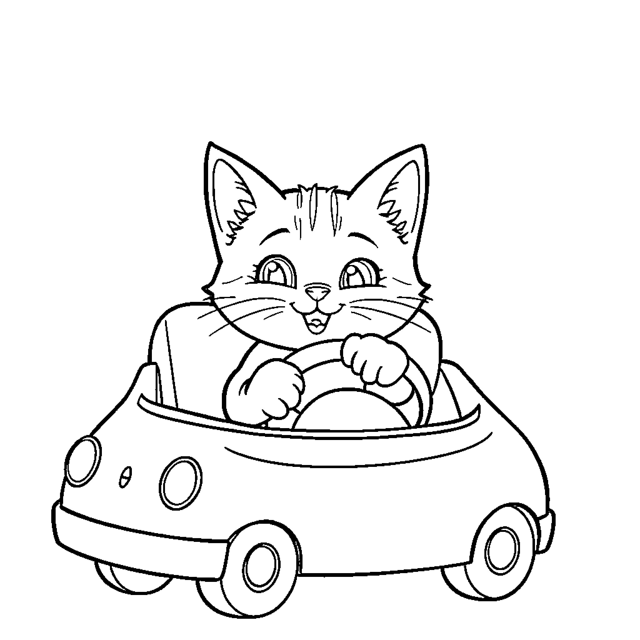 Cat riding a toy car Coloring Page (free black-and-white line drawing printable PDF for all, from beginners to advanced learners, including children, teens, adults, and seniors)