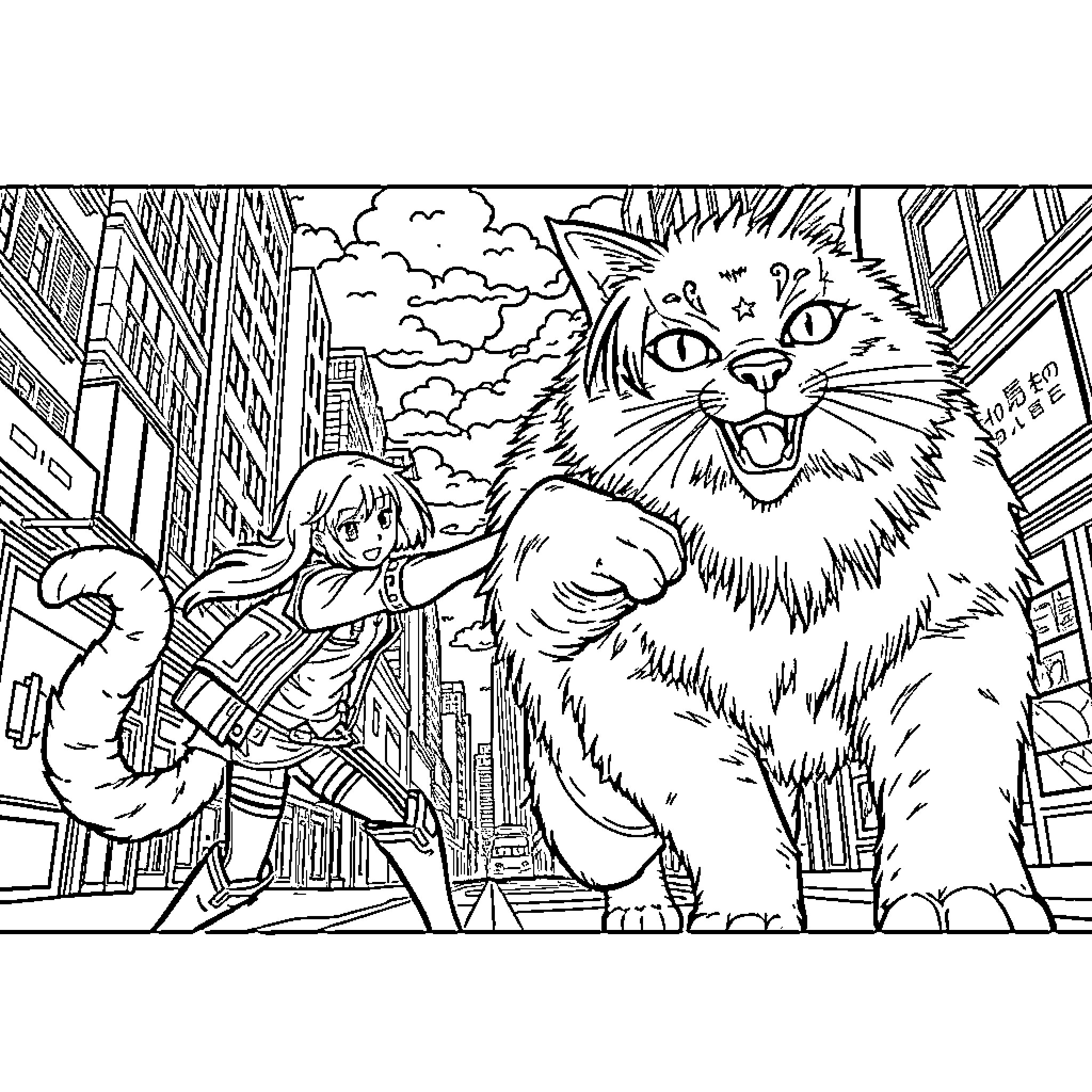 Erin's Encounter with a Colossal Feline in the City Coloring Page (free black-and-white line drawing printable PDF for all, from beginners to advanced learners, including children, teens, adults, and seniors)