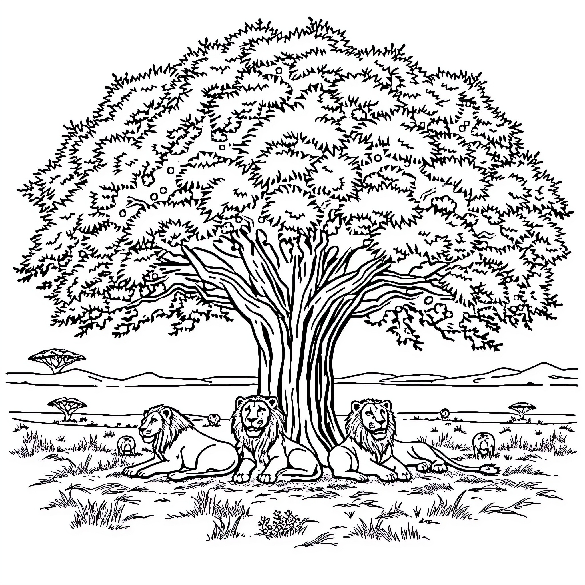 Lion resting under large tree in savanna Coloring Page (free black-and-white line drawing printable PDF for all, from beginners to advanced learners, including children, teens, adults, and seniors)