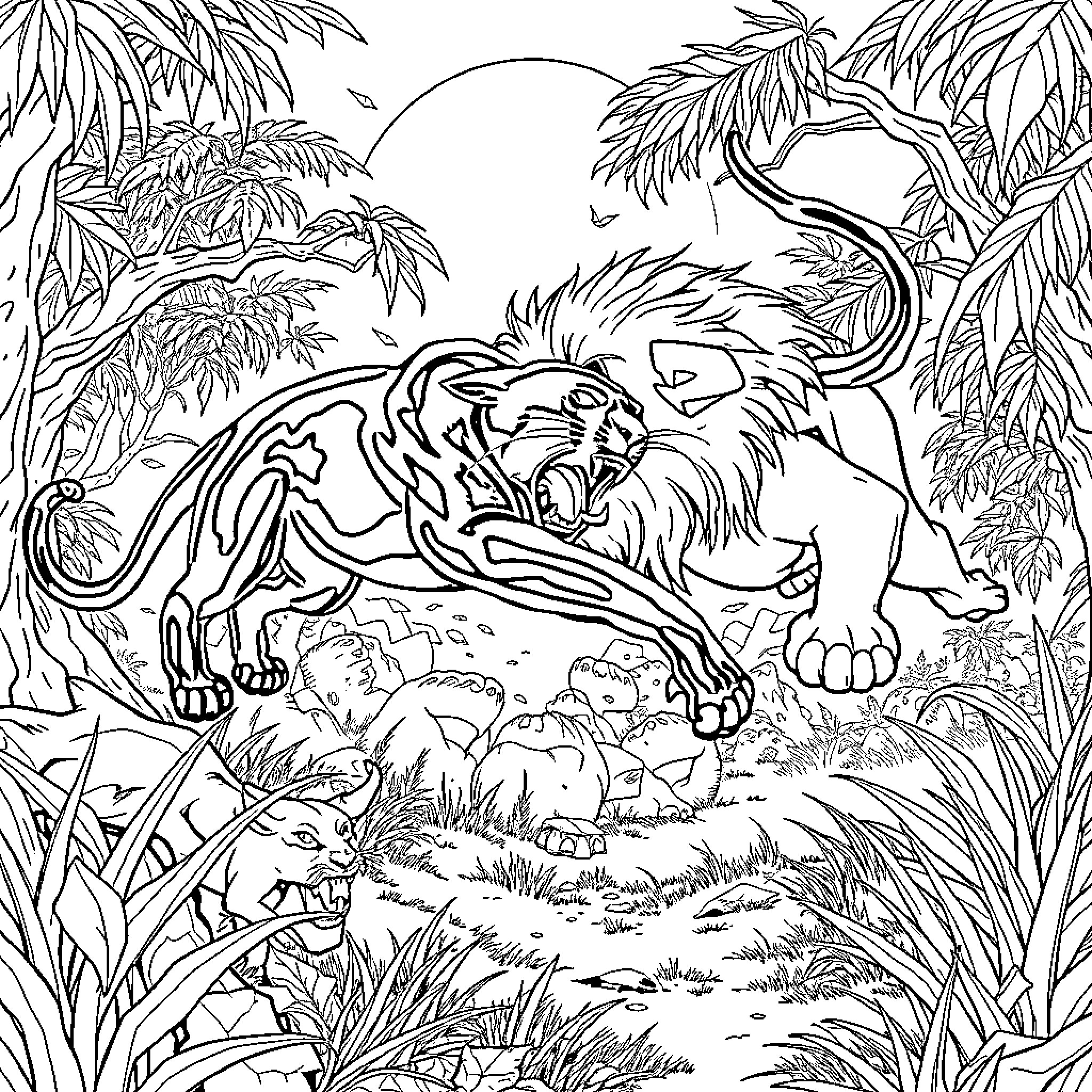 Panther prowling through the lush jungle Coloring Page (free black-and-white line drawing printable PDF for all, from beginners to advanced learners, including children, teens, adults, and seniors)