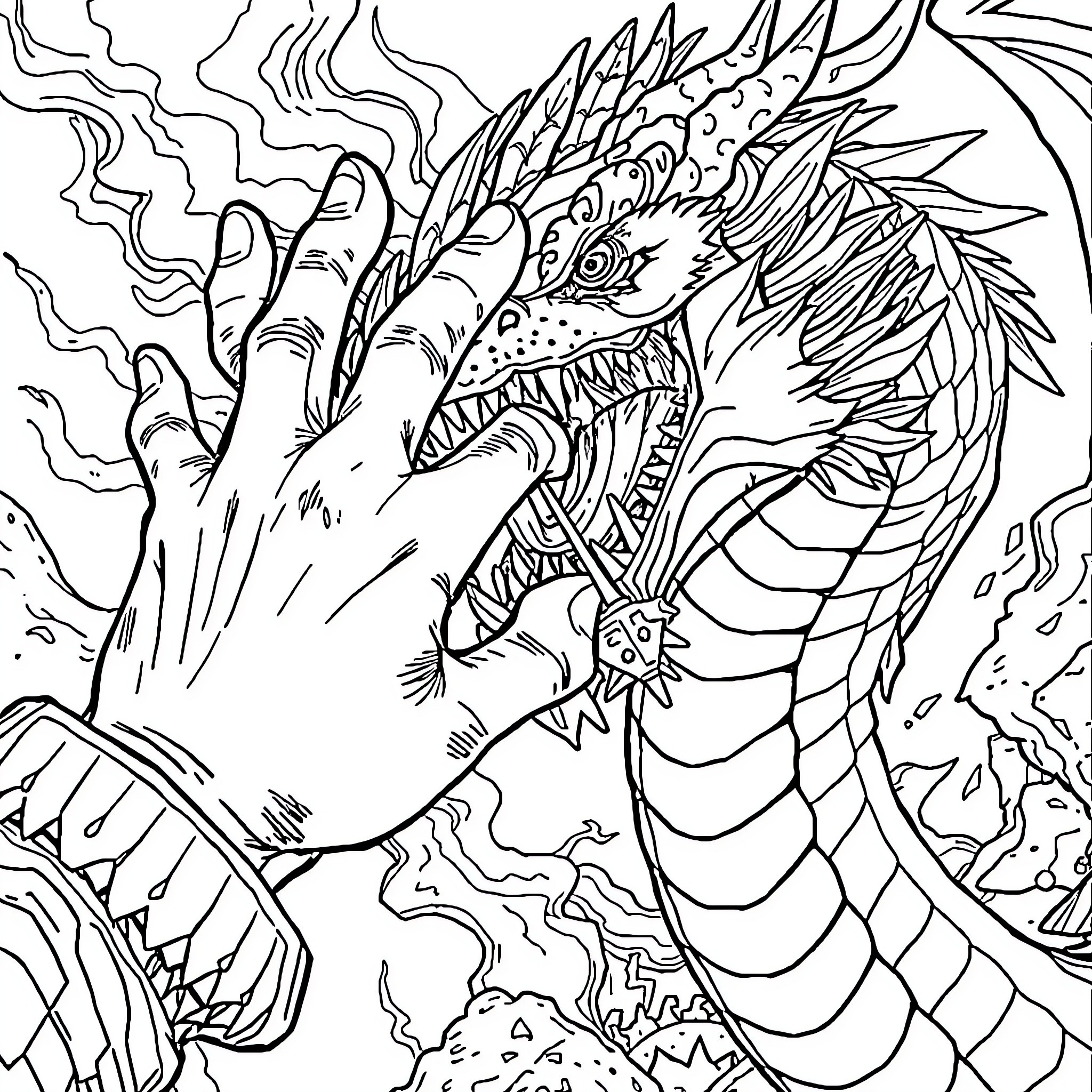 Hand reaching towards fierce dragon Coloring Page (free black-and-white line drawing printable PDF for all, from beginners to advanced learners, including children, teens, adults, and seniors)