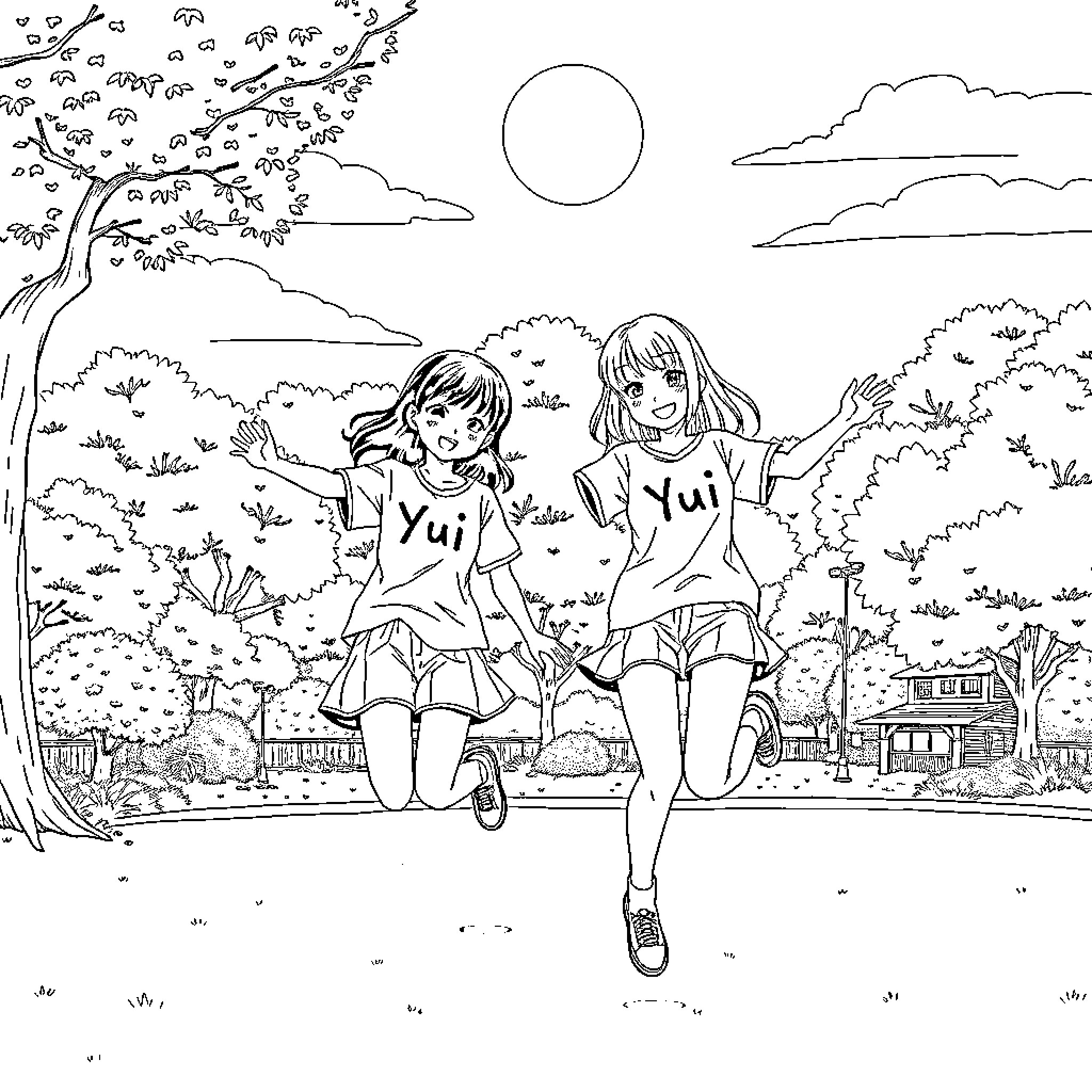 Girls running joyfully in the park Coloring Page (free black-and-white line drawing printable PDF for all, from beginners to advanced learners, including children, teens, adults, and seniors)