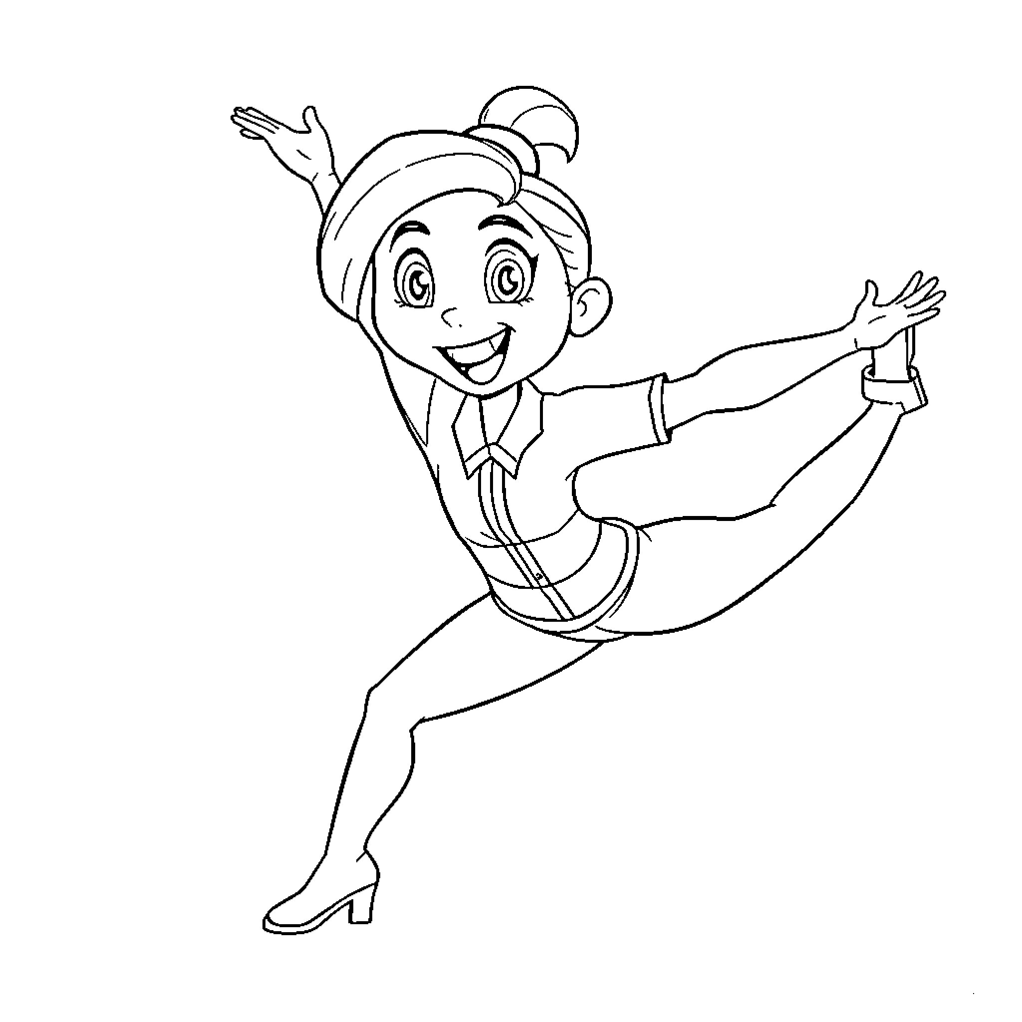 Kim Possible performing a dynamic martial arts move Coloring Page (free black-and-white line drawing printable PDF for all, from beginners to advanced learners, including children, teens, adults, and seniors)