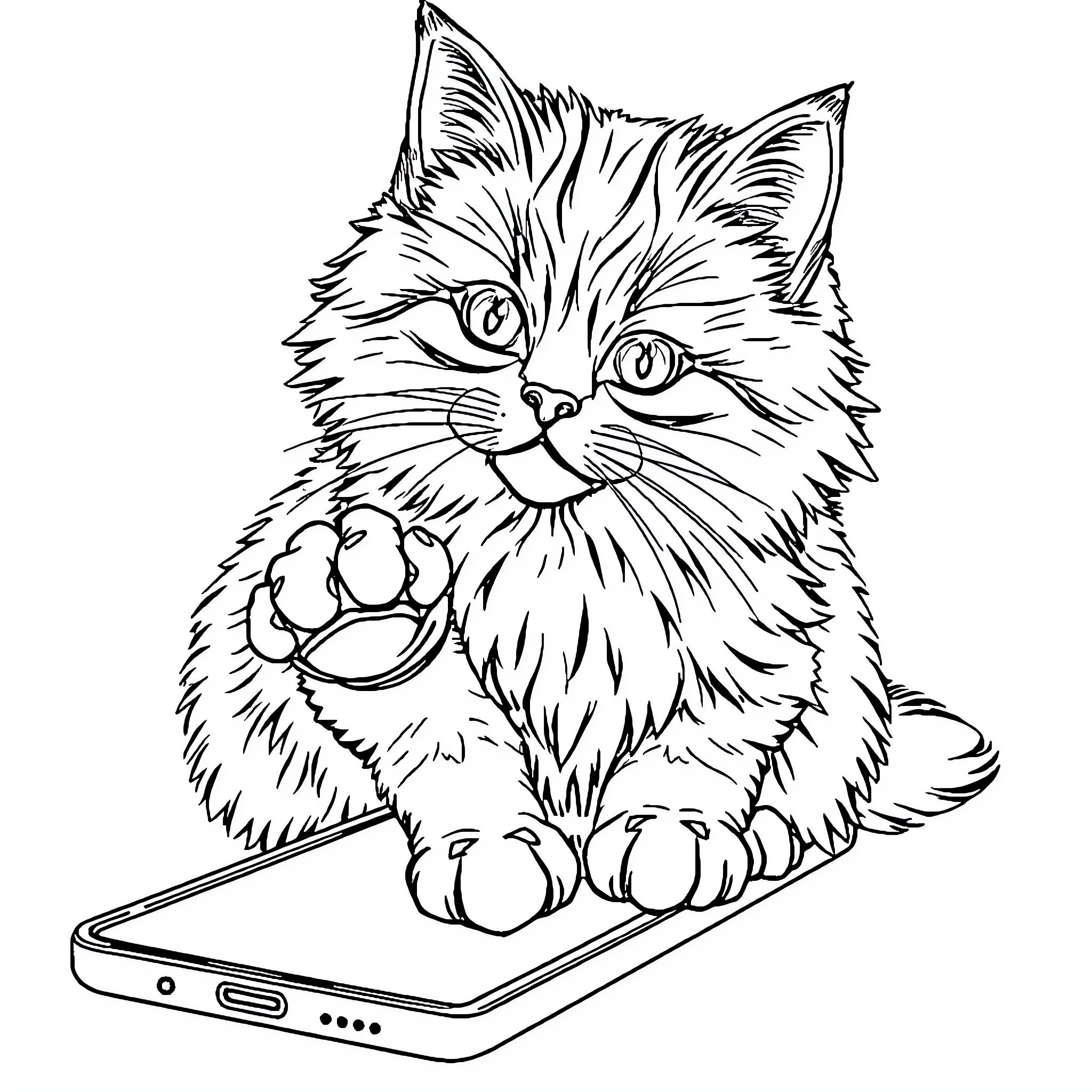 Cat playing with a smartphone Coloring Page (free black-and-white line drawing printable PDF for all, from beginners to advanced learners, including children, teens, adults, and seniors)